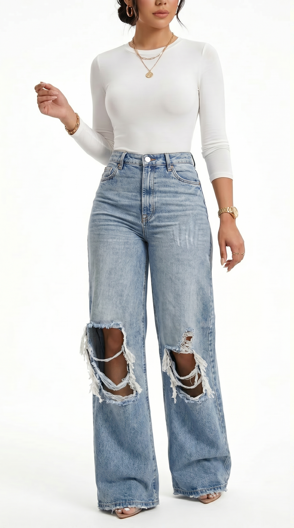 Person wearing a white long-sleeve top and ripped blue jeans on a white background, Wide-leg jeans from Meleche Fashion USA or Meléche (short as (Mé))