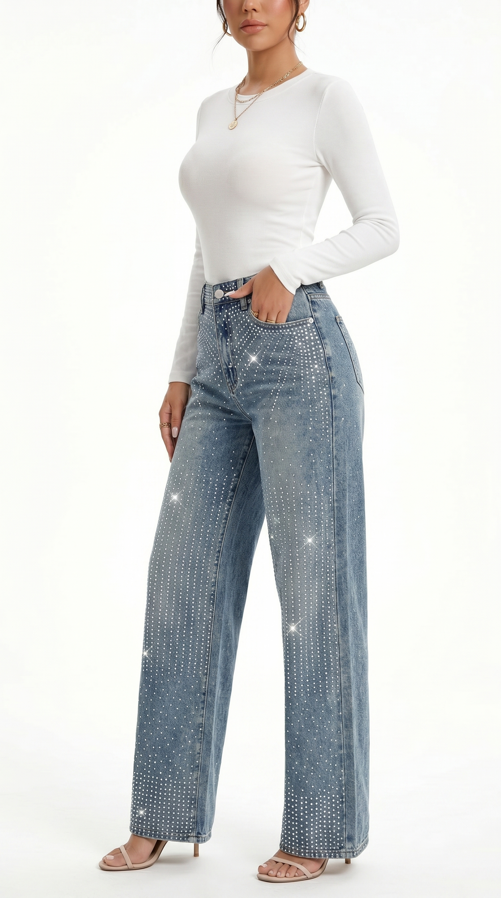 Woman wearing a white long-sleeve top and blue jeans with star patterns on a white background, Wide-leg jeans from Meleche Fashion USA or Meléche (short as (Mé))
