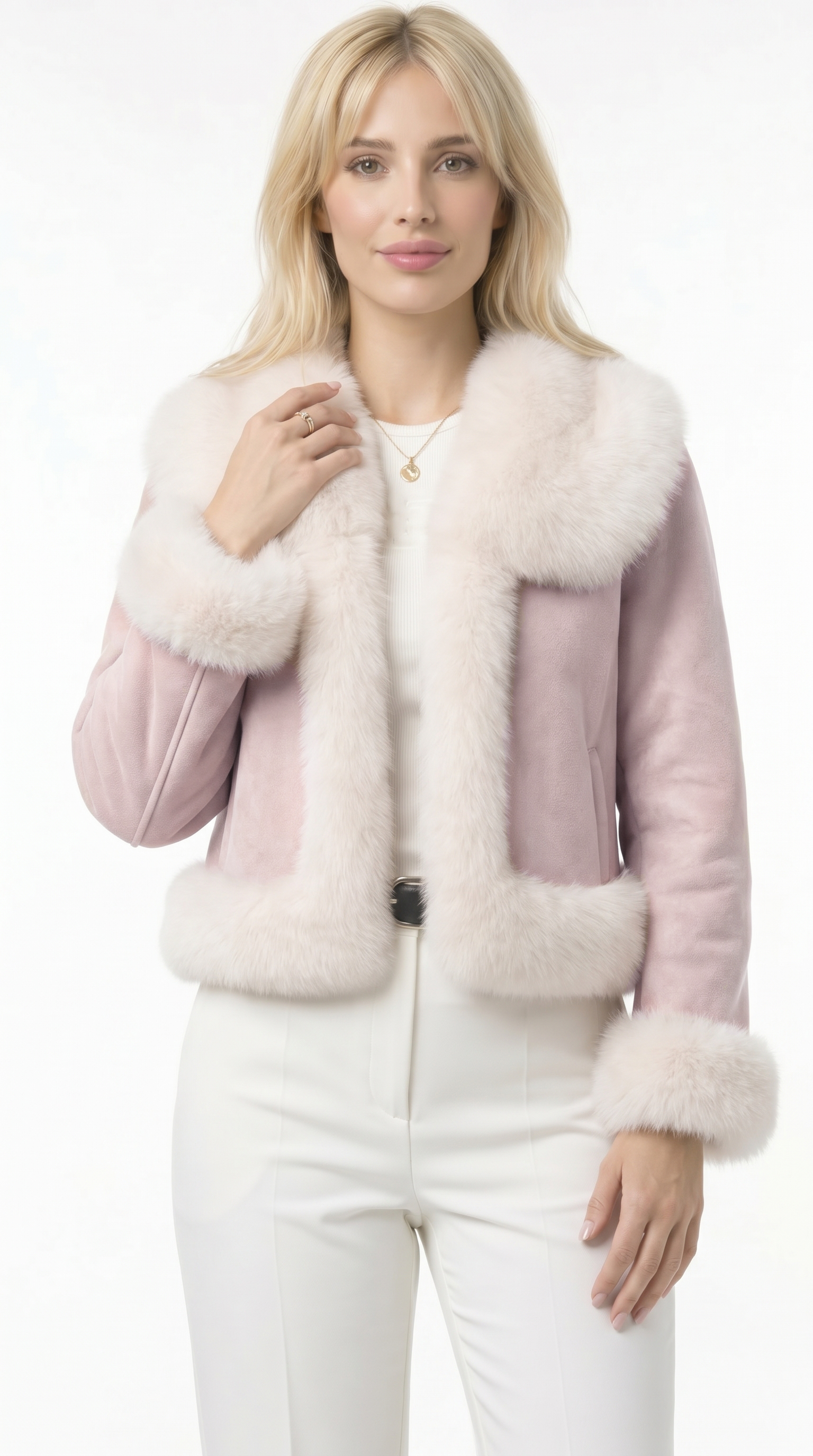 Woman wearing a pink and white fur jacket on a white background from Meleche USA or Meléche (short as (Mé))