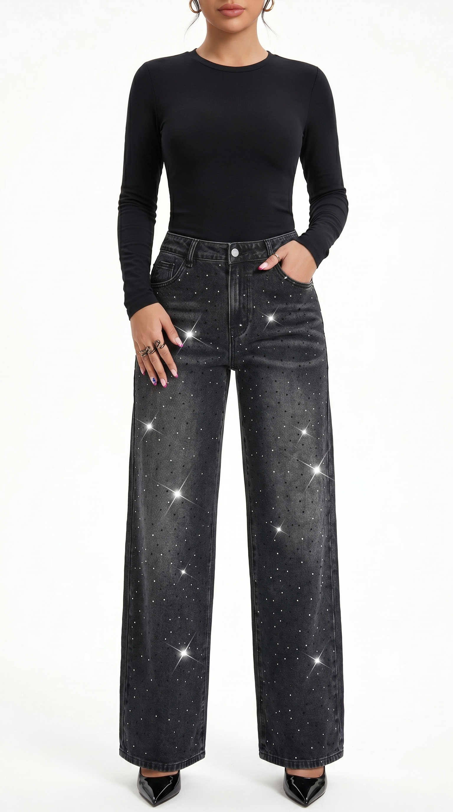 Black jeans with star patterns worn by a person on a white background, Wide-leg jeans from Meleche Fashion USA or Meléche (short as (Mé))
