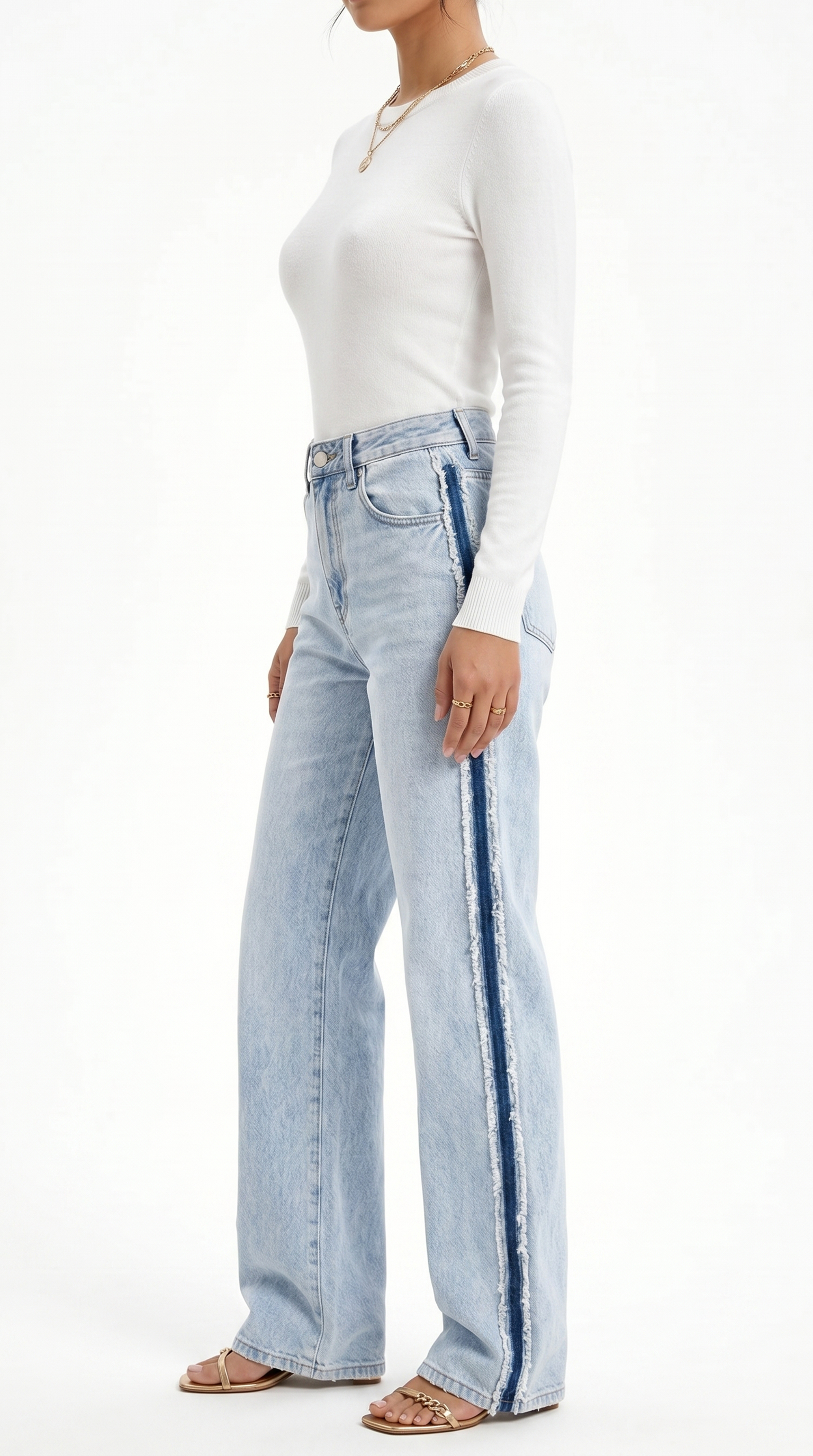 Light blue jeans with a stripe worn by a person on a white background, Straight-leg jeans from Meleche Fashion USA or Meléche (short as (Mé))