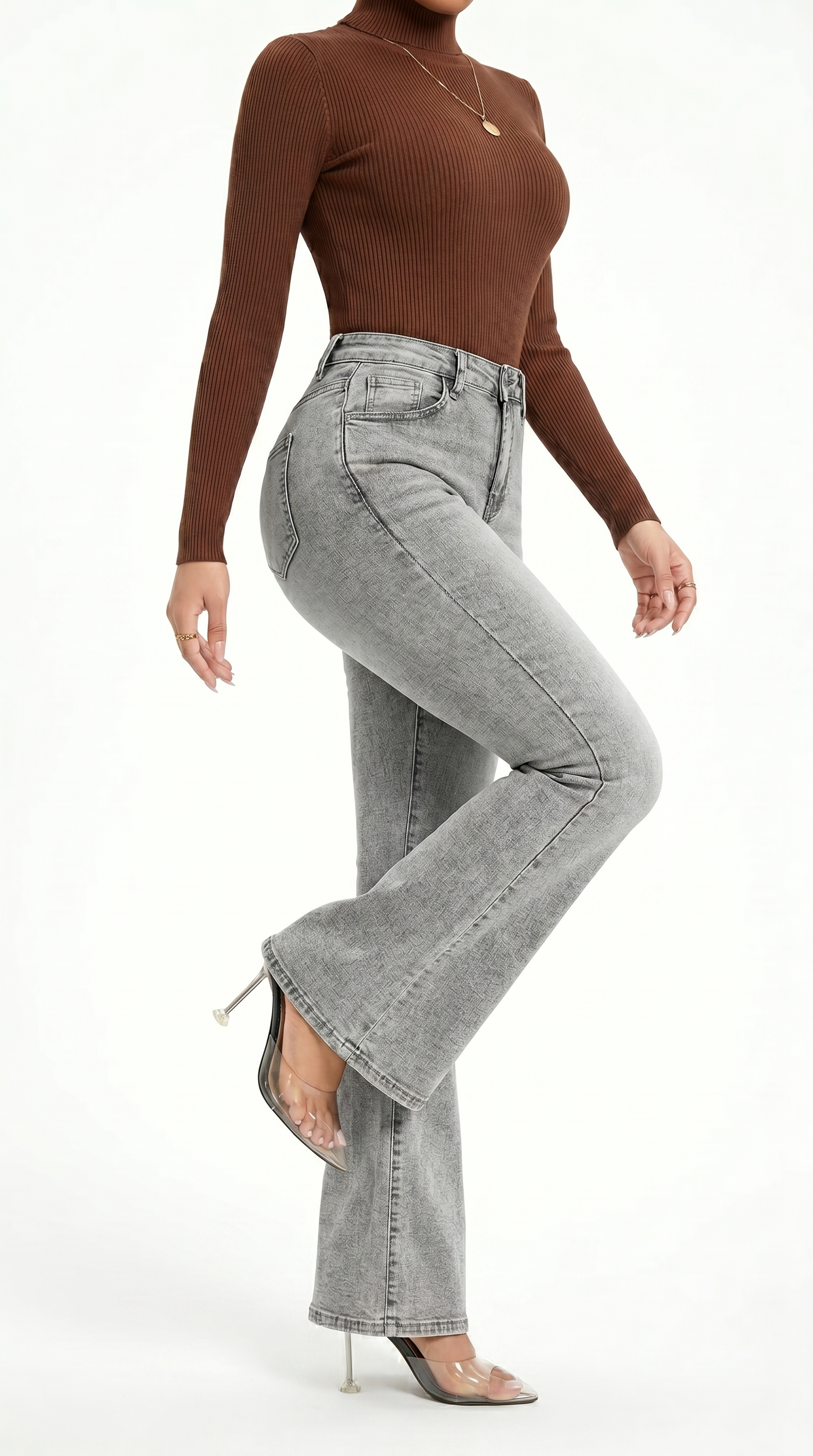 Person wearing a brown ribbed sweater and gray flared jeans on a white background, Slim flares jeans from Meleche Fashion USA or Meléche (short as (Mé))