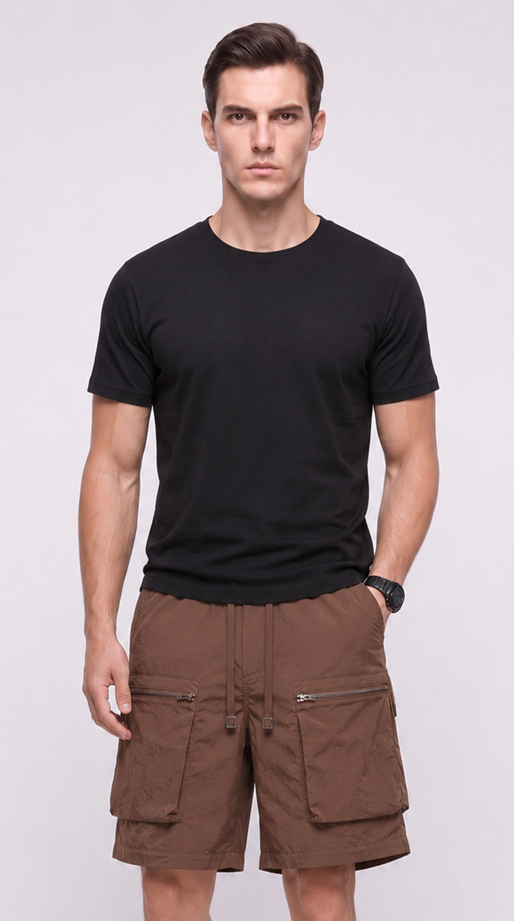A man modeling a black short-sleeve crewneck t-shirt and brown cargo shorts against a light gray studio background, from Meleche Fashion USA or Meléche (short as (Mé))