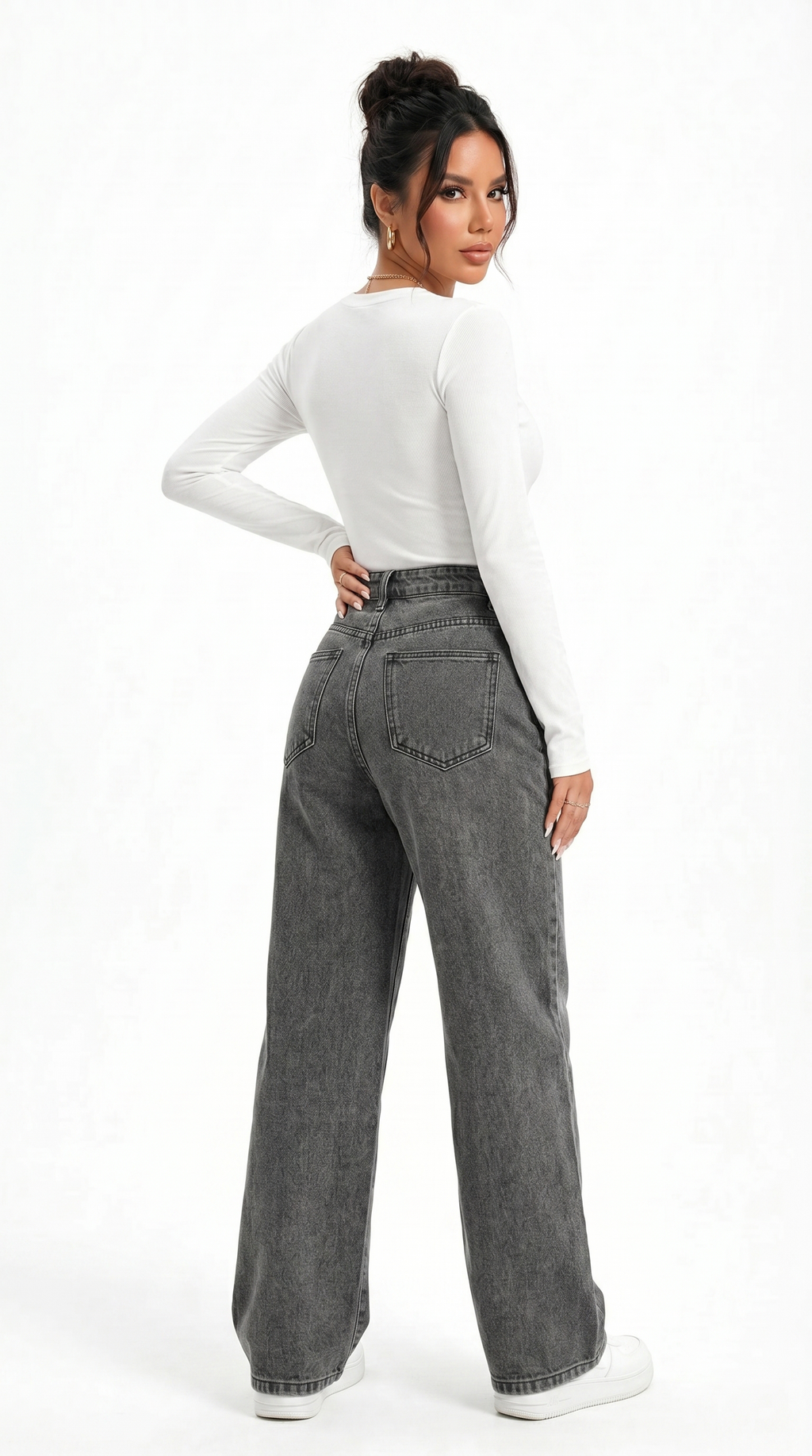 Woman wearing gray high-waisted jeans and a white long-sleeve top on a white background, Cotton jeans from Meleche Fashion USA or Meléche (short as (Mé))