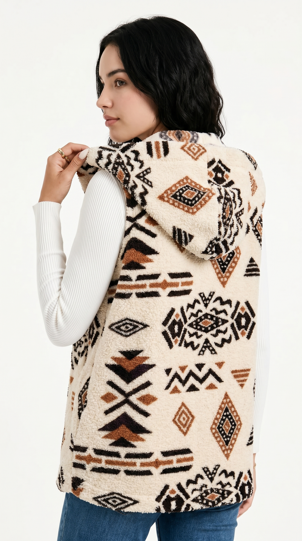 Woman wearing a patterned vest with a white background from Meleche Fashion USA or Meléche (short as (Mé))