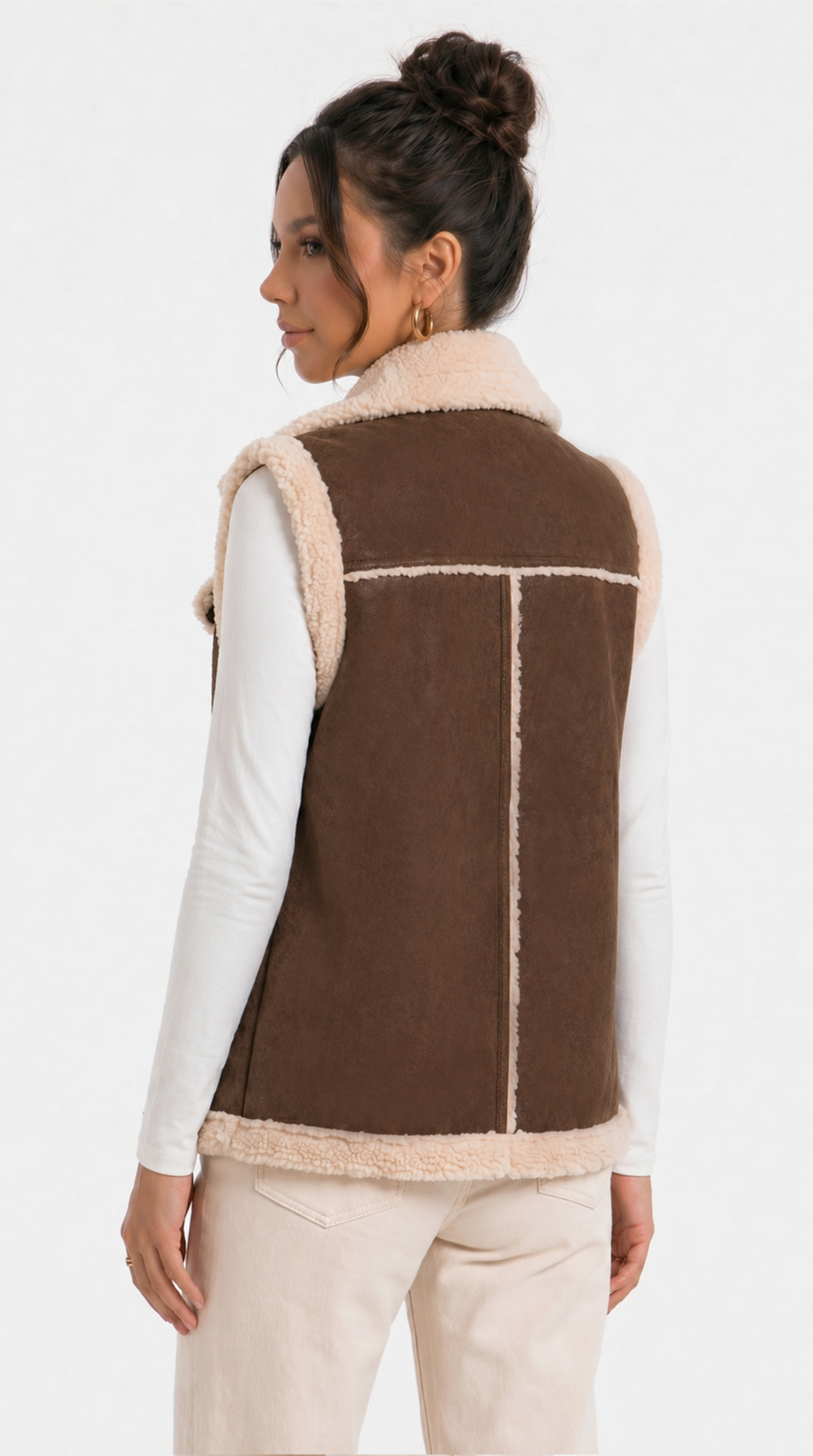 girl from back view wearing a brown  vest with a plain background from Meleche Fashion USA or Meléche (short as (Mé))