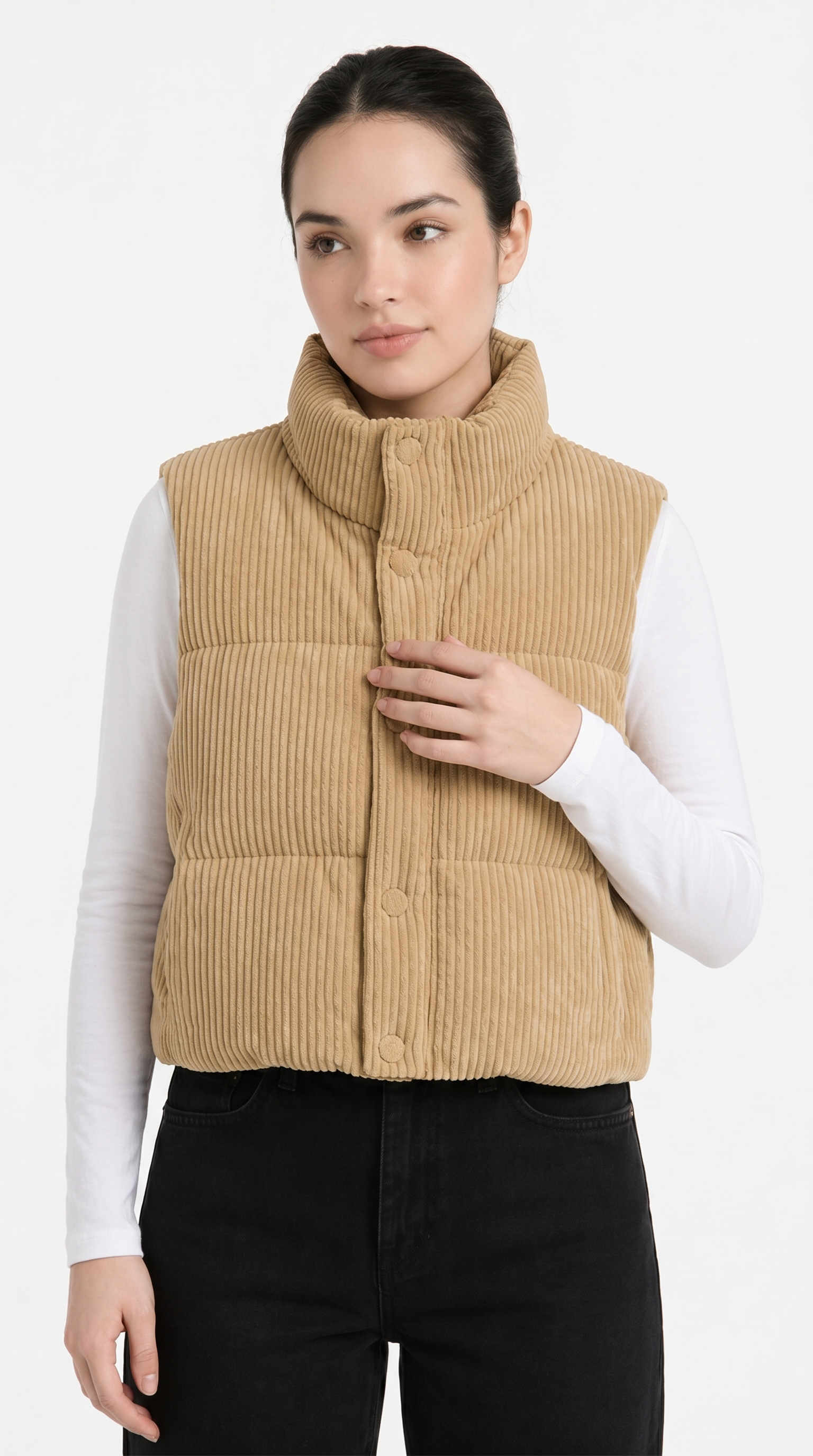 Woman wearing a beige corduroy vest over a white shirt on a white background from Meleche Fashion USA or Meléche (short as (Mé))