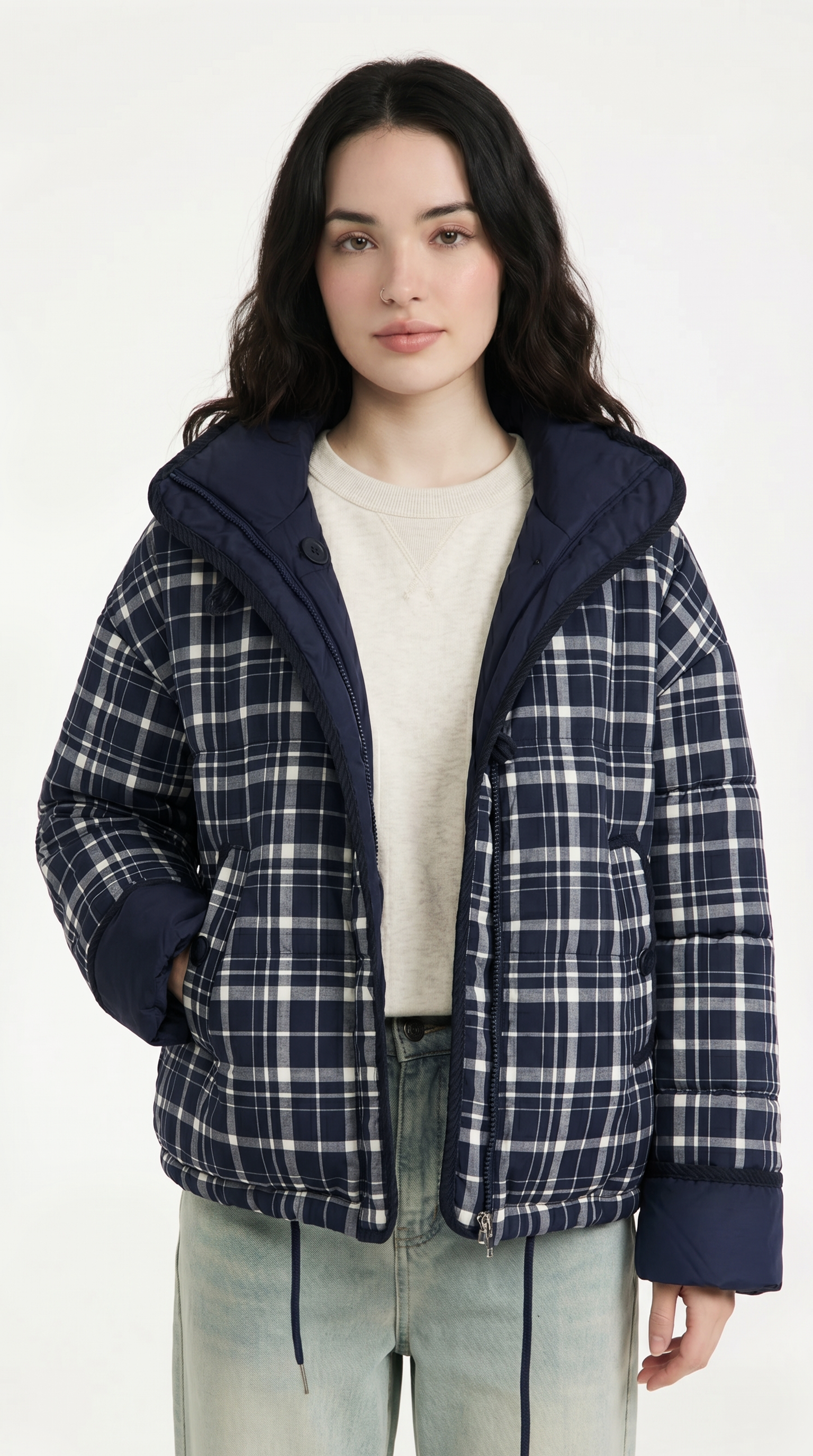 Woman wearing a blue and white plaid jacket with a hood on a white background from Meleche or Meléche USA (short as (Mé))