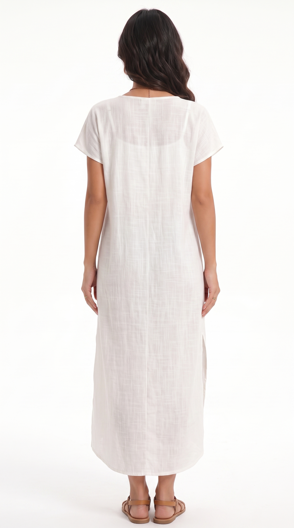 Woman wearing a white dress on a white background