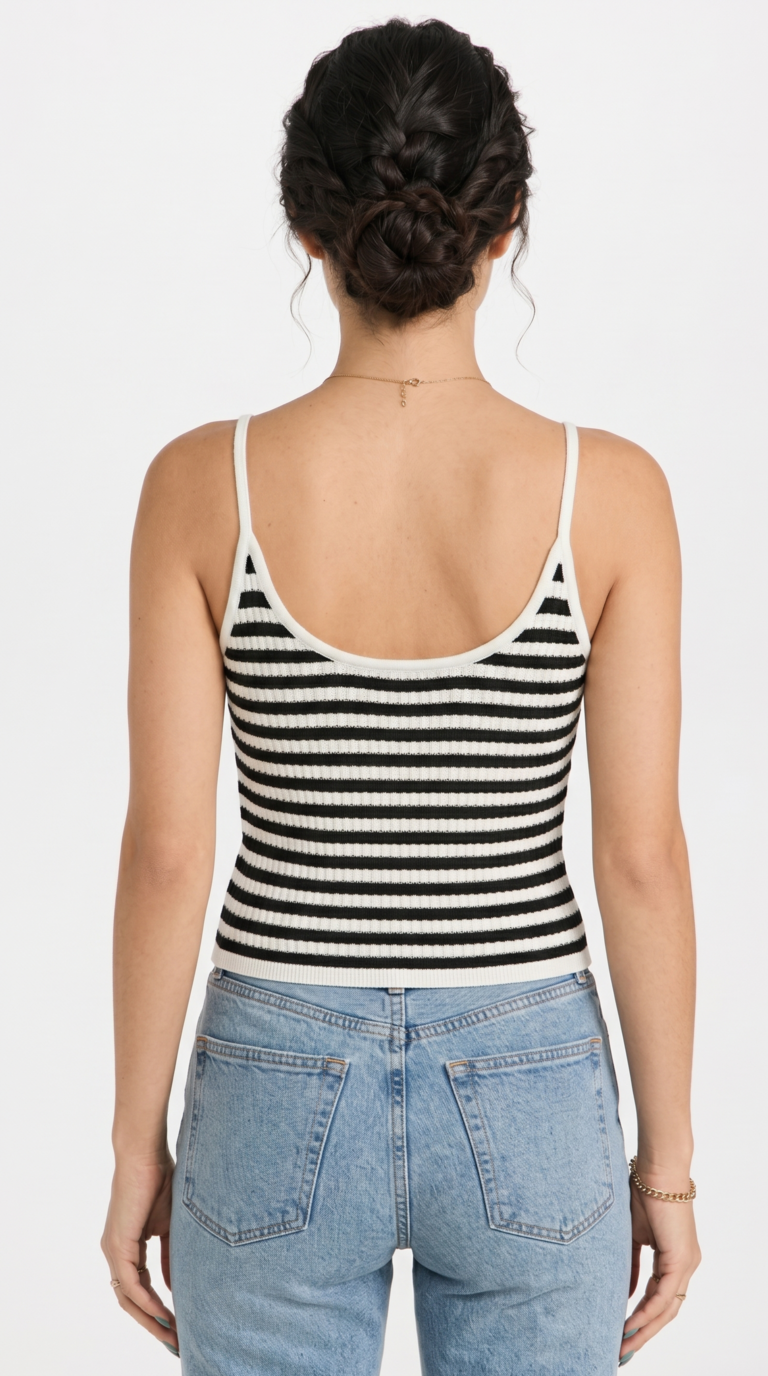 girl wearing Black and white striped tank top on a white background, from Meleche Fashion USA or Meléche (short as (Mé))