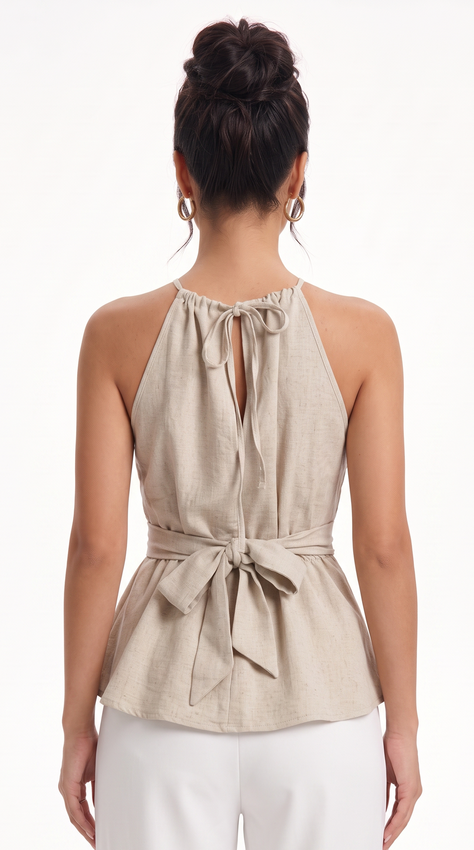 girl wearing Beige halter top with a tied front on a white background, from Meleche Fashion USA or Meléche (short as (Mé))