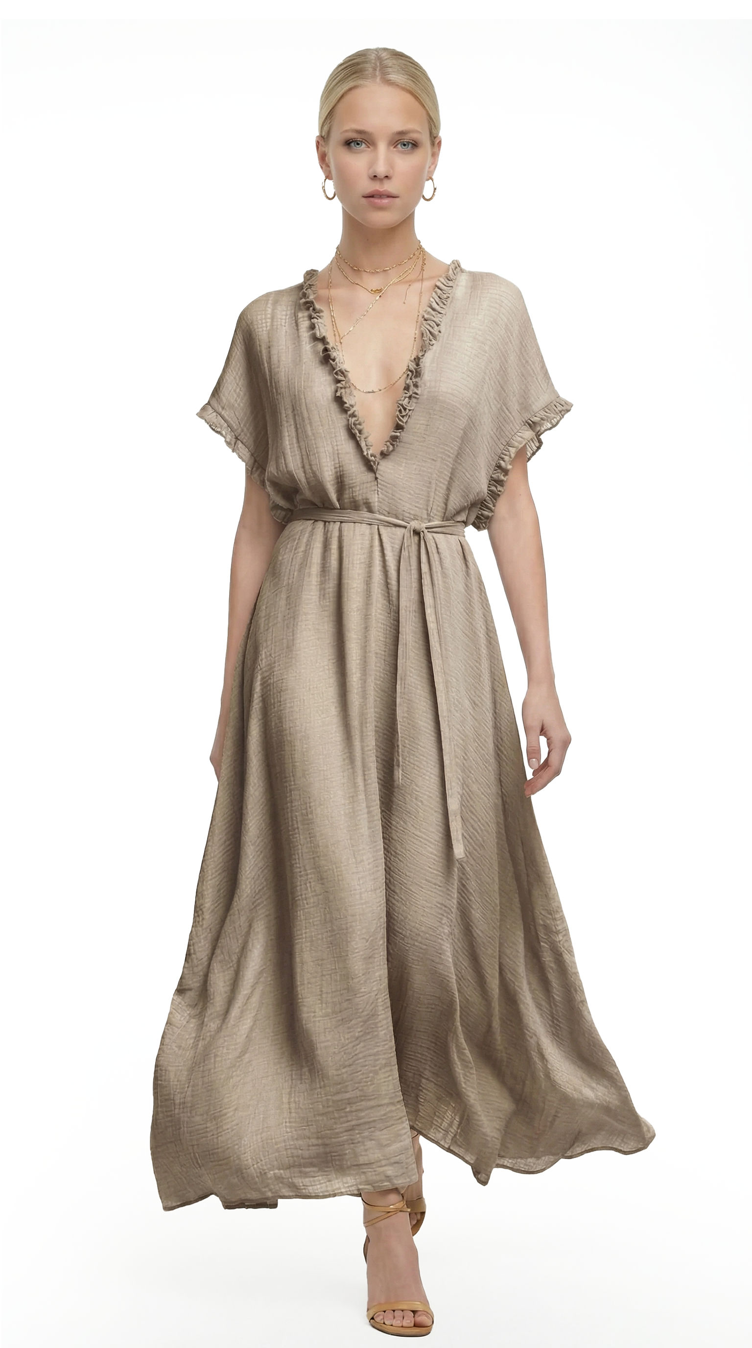 Woman wearing a beige dress with a white background