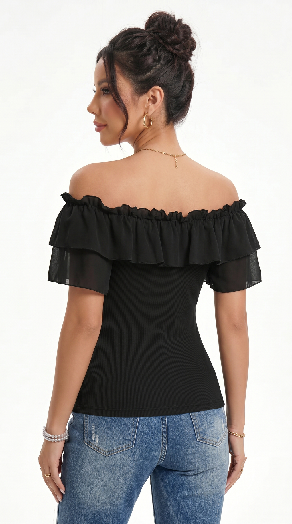 Woman wearing a black off-shoulder top with ruffles and blue jeans on a white background, from Meleche Fashion USA or Meléche (short as (Mé))