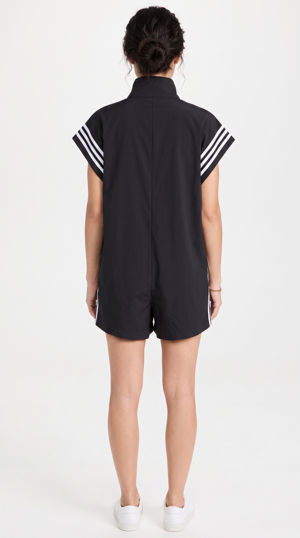 Black romper with white stripes on sleeves against a white background, from Meleche Fashion USA or Meléche (short as (Mé))