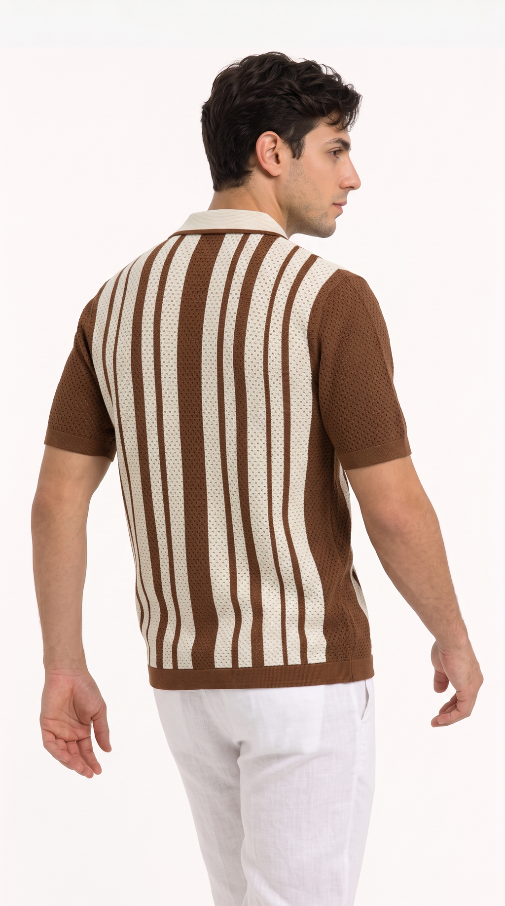 A man wearing a brown and cream vertically striped short-sleeve knit polo shirt, shown from the back against a plain white background, from Meleche Fashion USA or Meléche (short as (Mé))