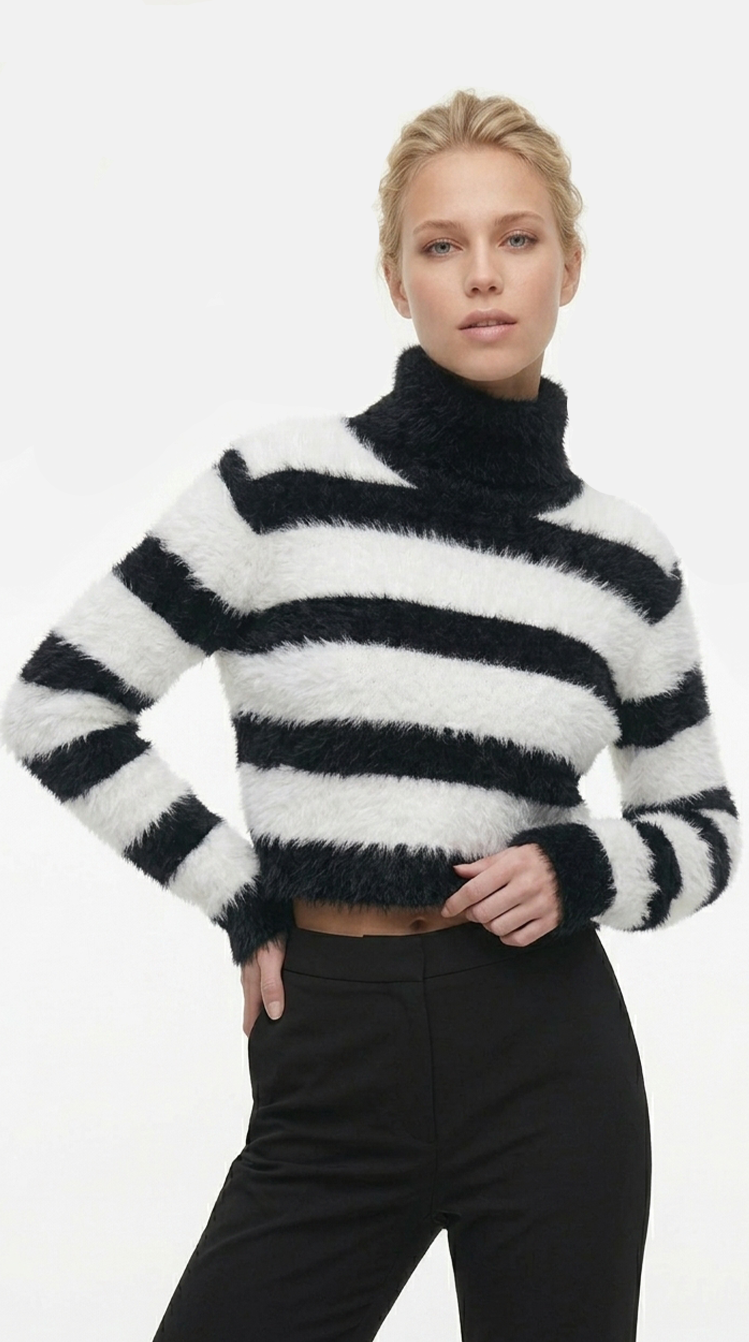 Person wearing a black and white striped sweater on a white background from Meleche or Meléche (short as (Mé))