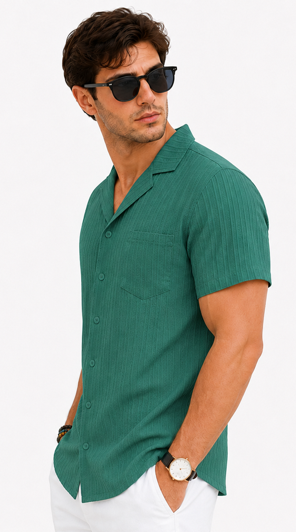 Man wearing a green short-sleeve shirt and sunglasses on a white background, Tristan shirt 2027 from Meleche Fashion USA or Meléche (short as (Mé))