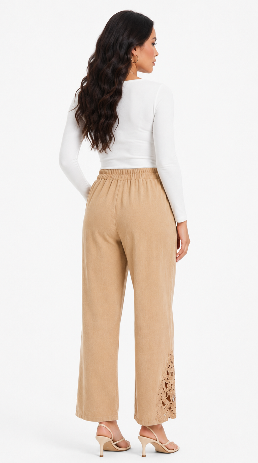 Woman wearing beige pants with lace details on a white background, from Meleche Fashion USA or Meléche (short as (Mé))