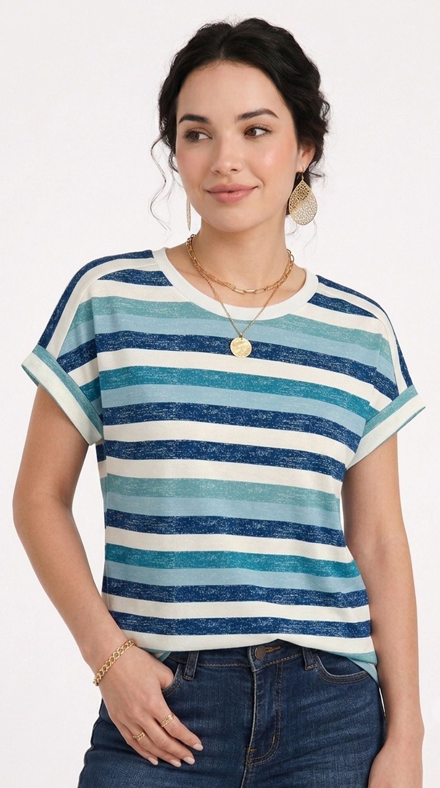 Woman wearing a blue and white striped shirt with a plain background, from Meleche Fashion USA or Meléche (short as (Mé))