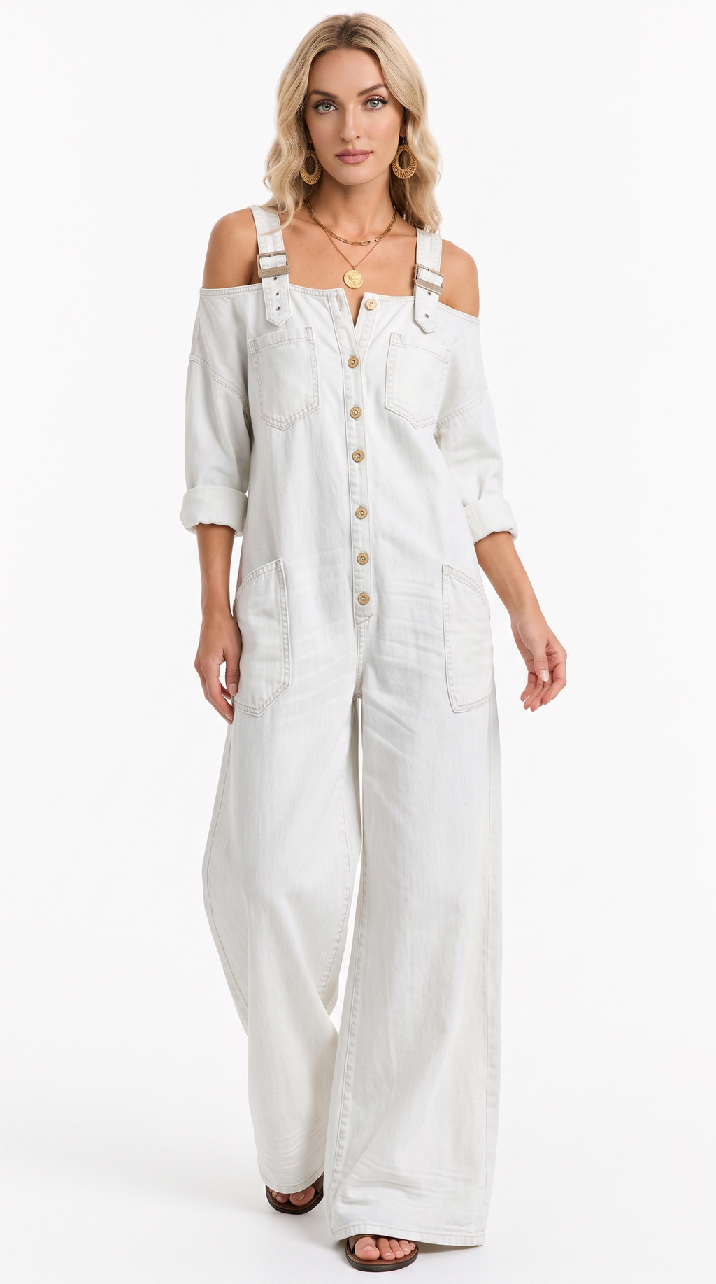 A woman modeling a white off-the-shoulder denim jumpsuit with front button closures and wide legs, photographed against a plain white studio background, from Meleche Fashion USA or Meléche (short as (Mé))