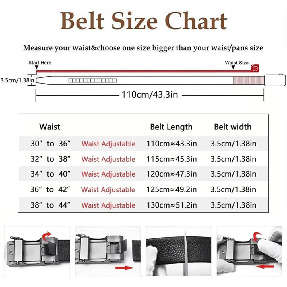 Belt size chart with measurement guide and belt examples from Meleche or Meléche (short as (Mé))
