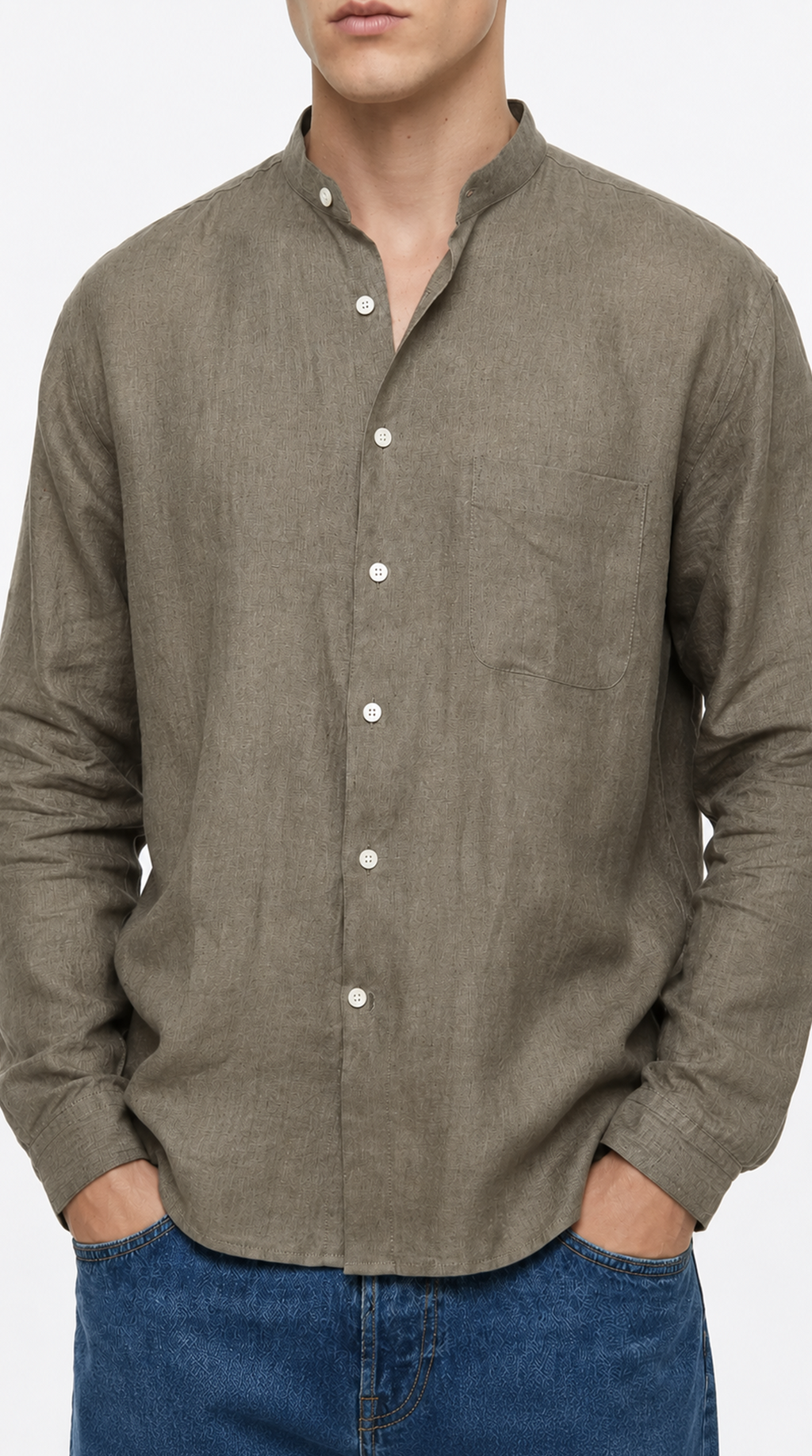 Man wearing a brown button-up shirt with a white background, from Meleche Fashion USA or Meléche (short as (Mé))