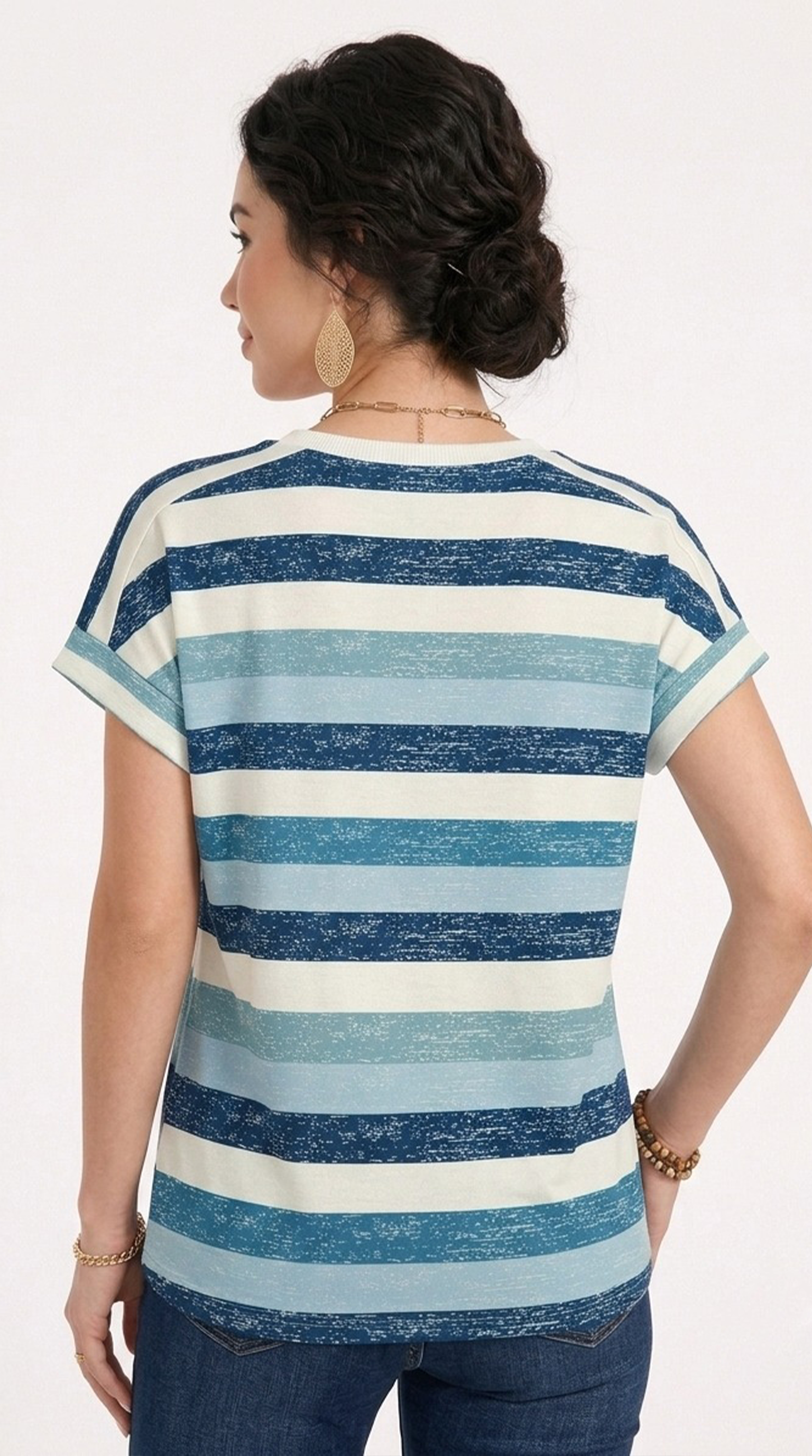 Woman wearing a blue and white striped shirt on a white background, from Meleche Fashion USA or Meléche (short as (Mé))