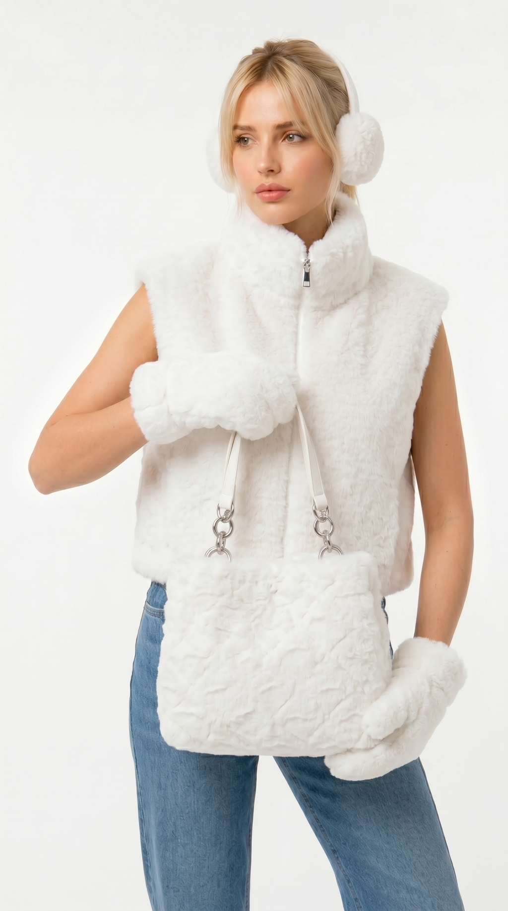 Woman wearing a white quilted vest with matching gloves and headband on a white background from Meleche Fashion USA or Meléche (short as (Mé))