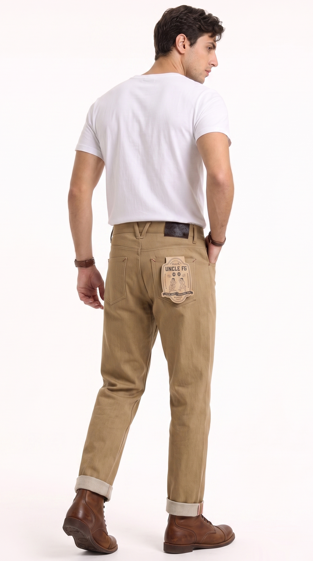 A man wearing khaki brown pants with rolled cuffs, a white t-shirt, and brown leather shoes, shown from a rear three-quarter angle against a plain white background, from Meleche Fashion USA or Meléche (short as (Mé))
