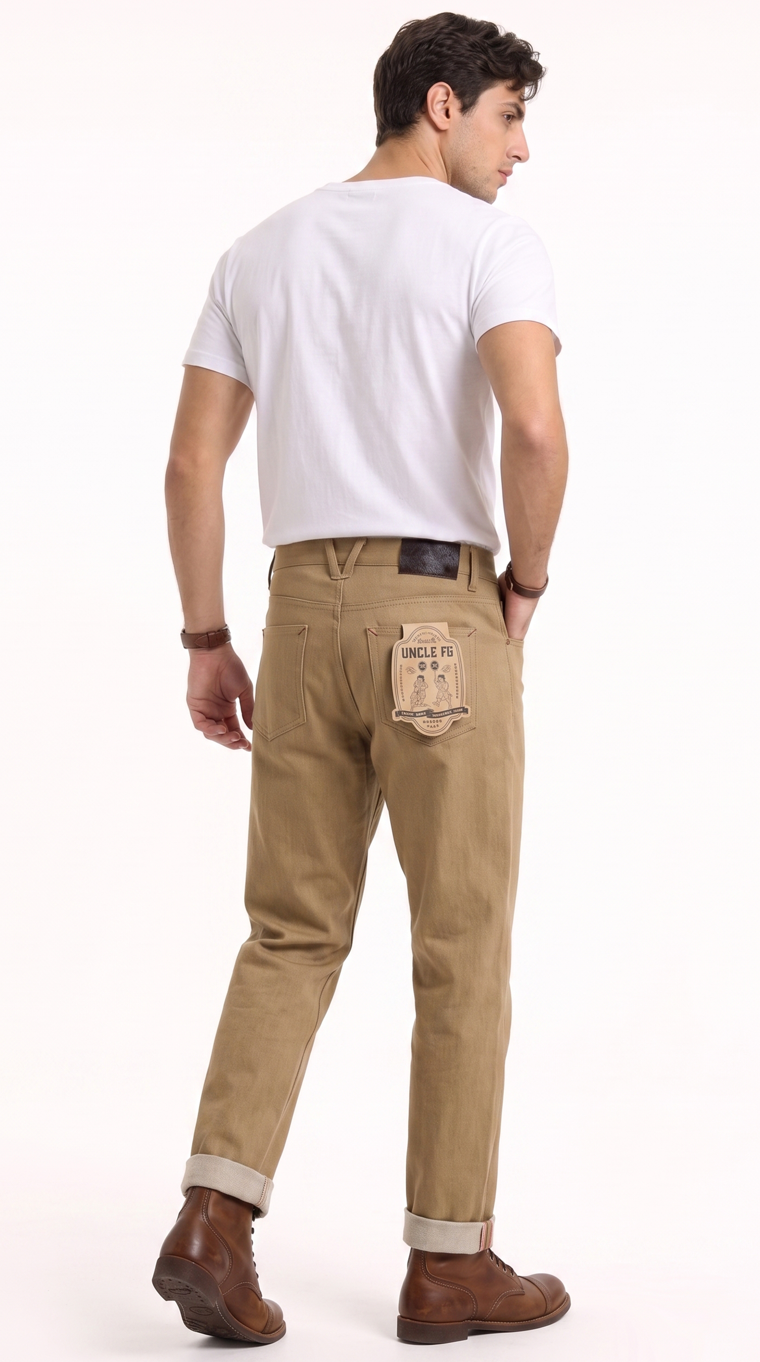 A man wearing khaki brown pants with rolled cuffs, a white t-shirt, and brown leather shoes, shown from a rear three-quarter angle against a plain white background, from Meleche Fashion USA or Meléche (short as (Mé))