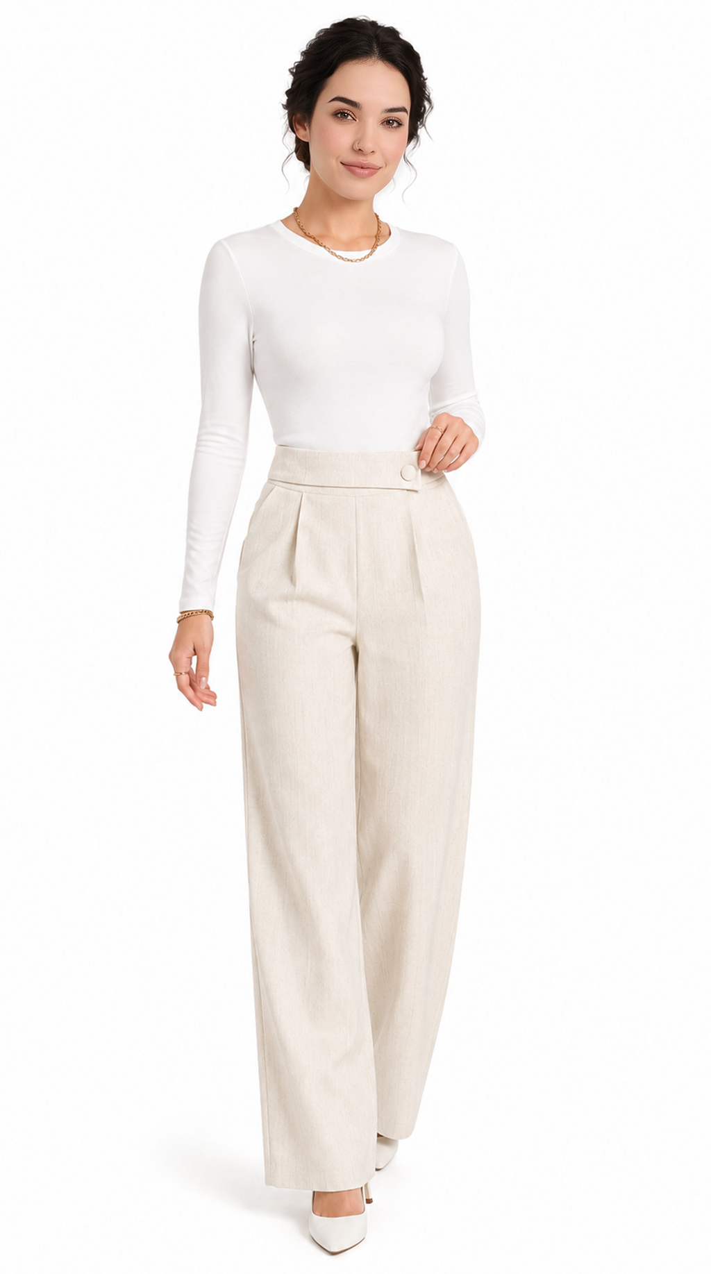 Woman wearing a white top and beige pants on a white background, from Meleche Fashion USA or Meléche (short as (Mé))