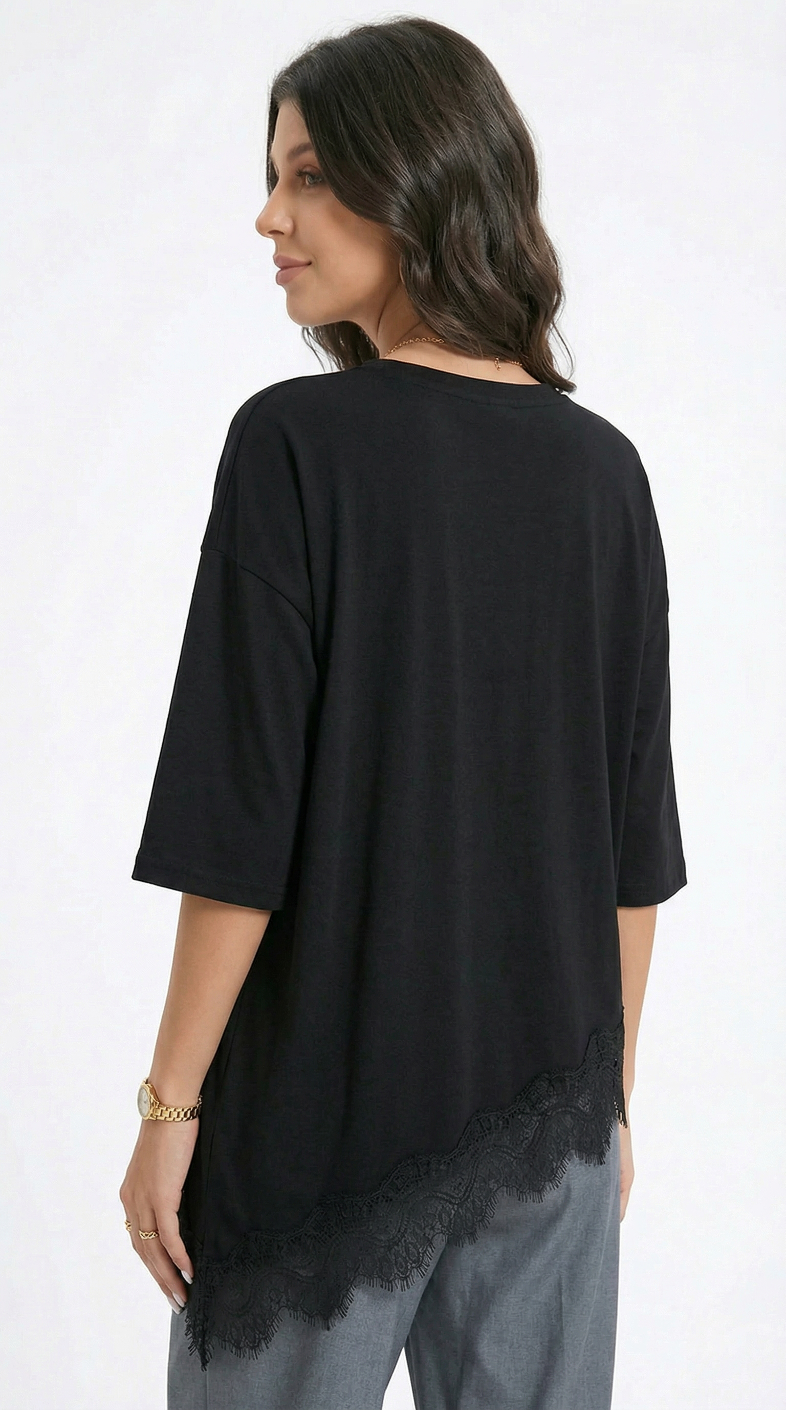 Woman wearing a black lace long-sleeve top on a white background, from Meleche Fashion USA or Meléche (short as (Mé))