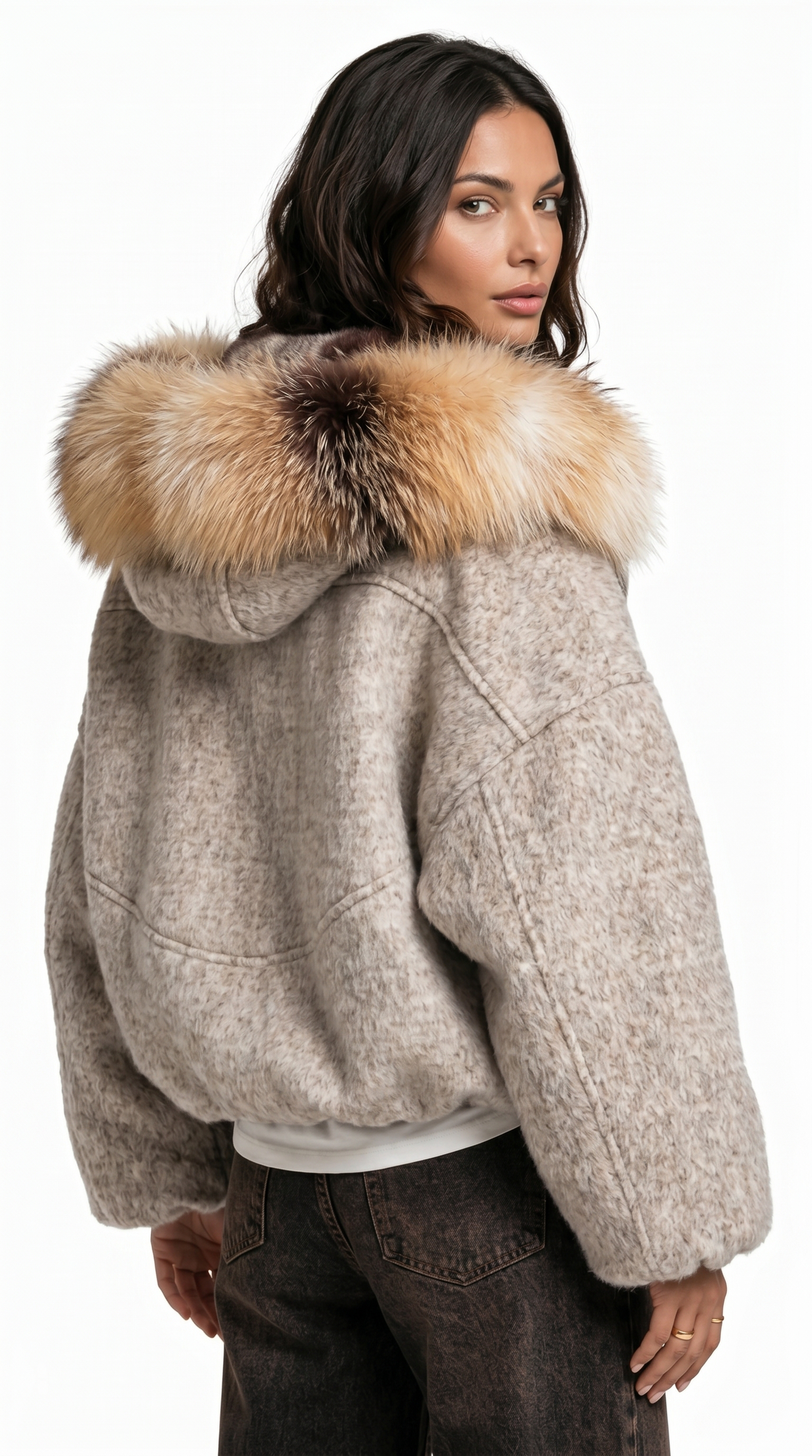 Woman wearing a beige jacket with a fur-lined hood on a white background from Meleche Fashion USA or Meléche (short as (Mé))