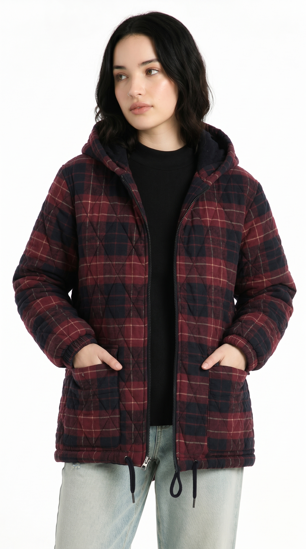 Person wearing a plaid jacket on a white background from Meleche or Meléche USA (short as (Mé))