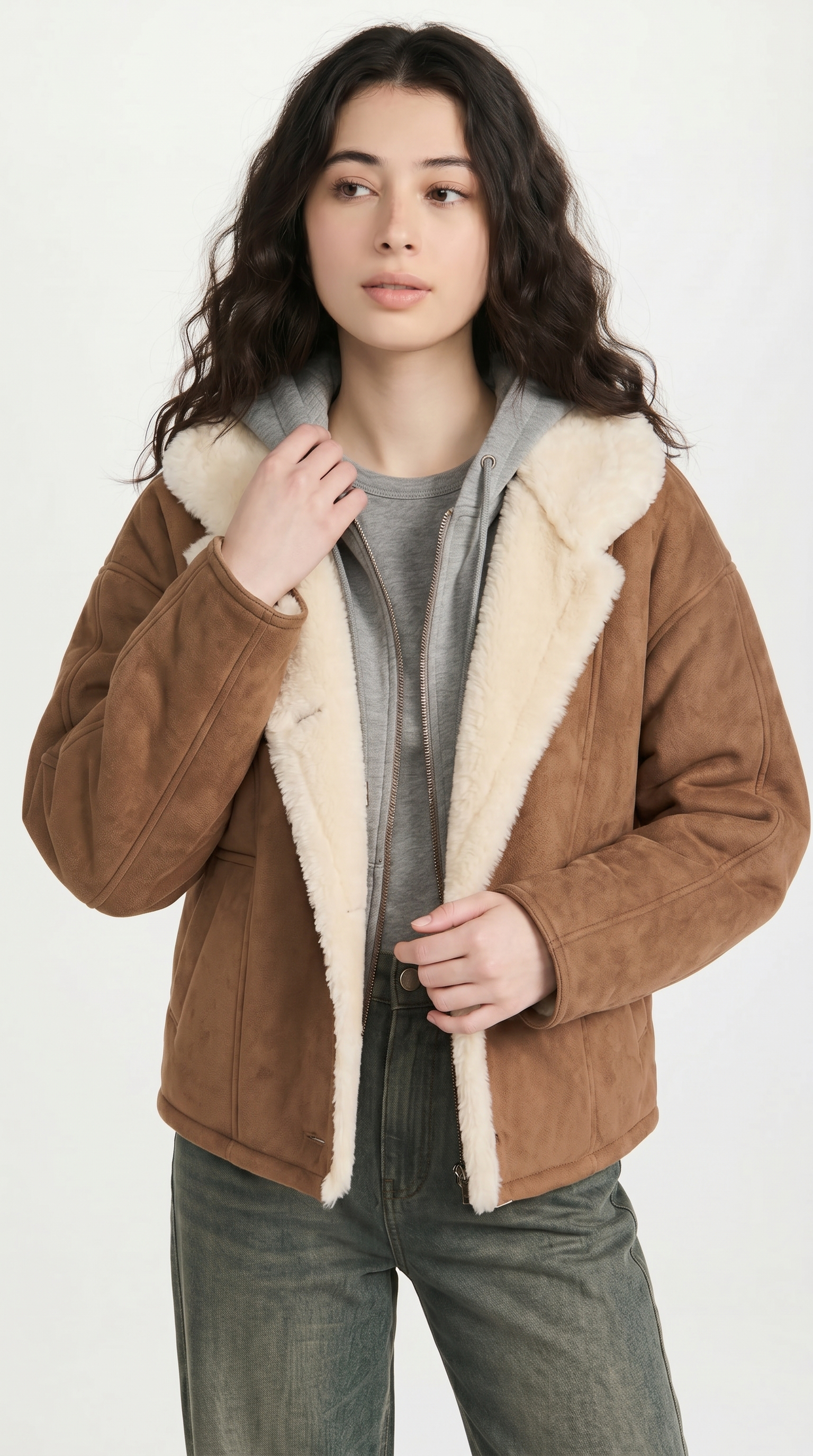 Woman wearing a brown jacket with white fur lining on a white background from Meleche USA or Meléche (short as (Mé))