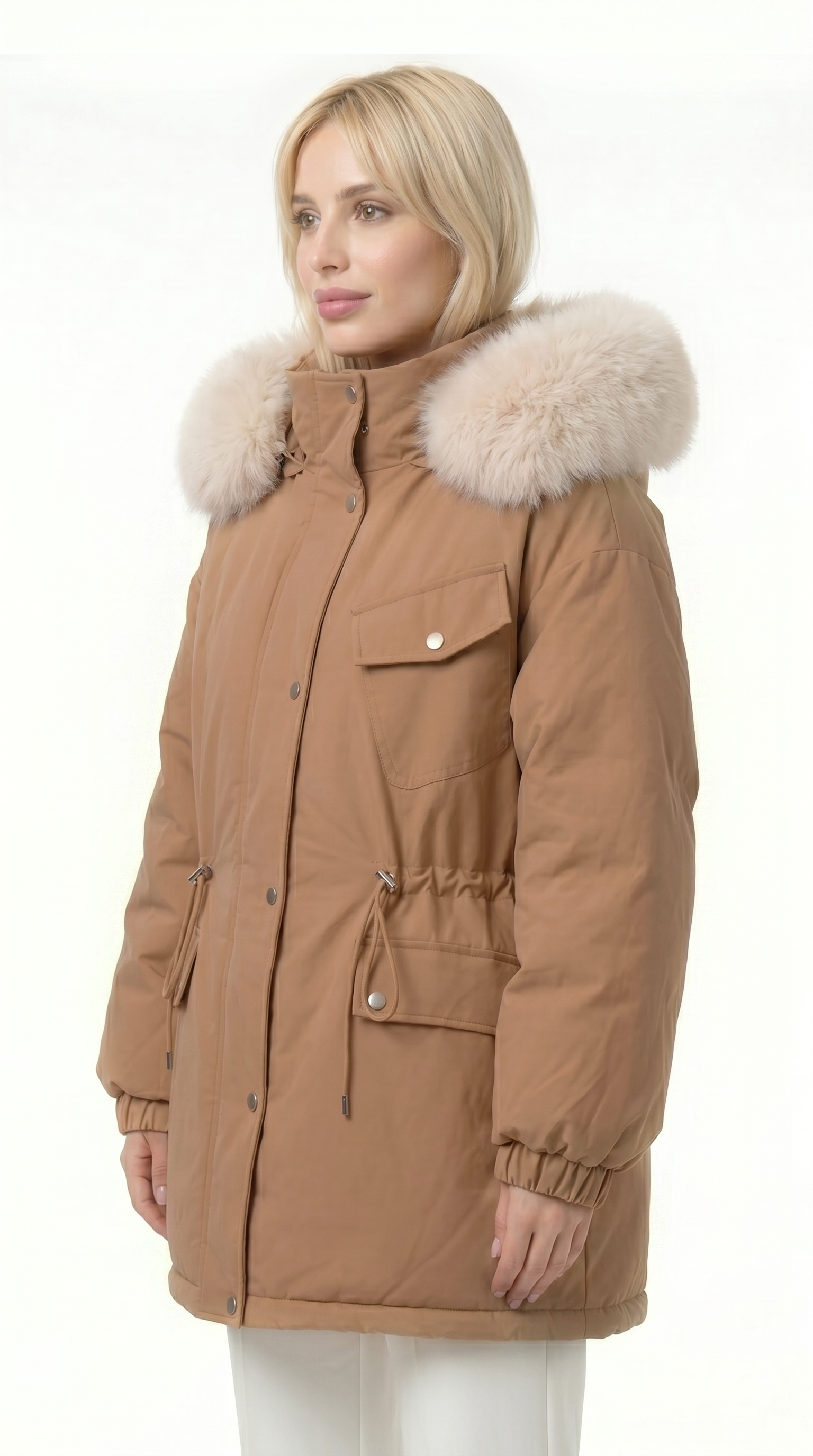 Woman wearing a brown parka with fur hood on a white background from Meleche USA or Meléche (short as (Mé))