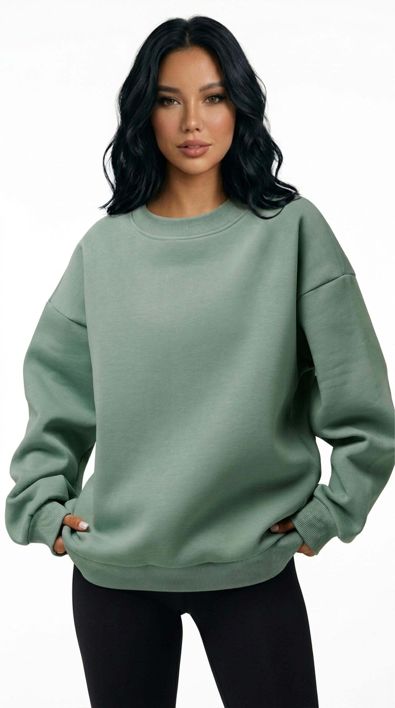 Woman wearing a green sweatshirt on a white background from Meleche Fashion USA or Meléche (short as (Mé))
