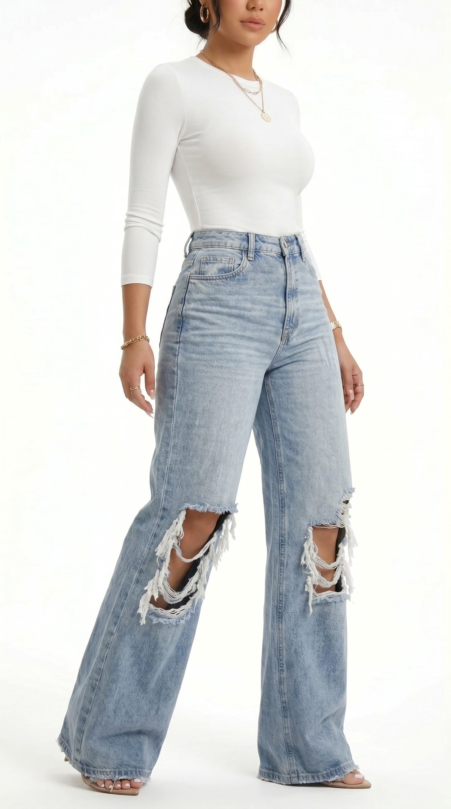 Person wearing light blue ripped jeans and a white top on a white background, Wide-leg jeans from Meleche Fashion USA or Meléche (short as (Mé))