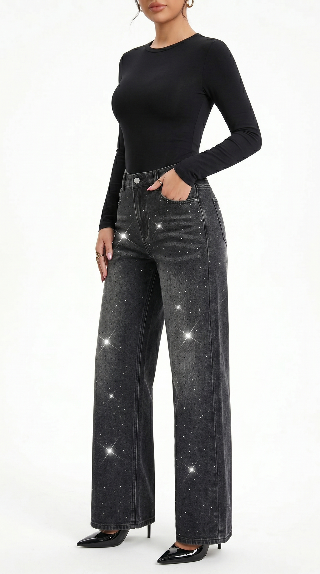 Person wearing black long-sleeve top and sparkly black jeans on a white background, Wide-leg jeans from Meleche Fashion USA or Meléche (short as (Mé))
