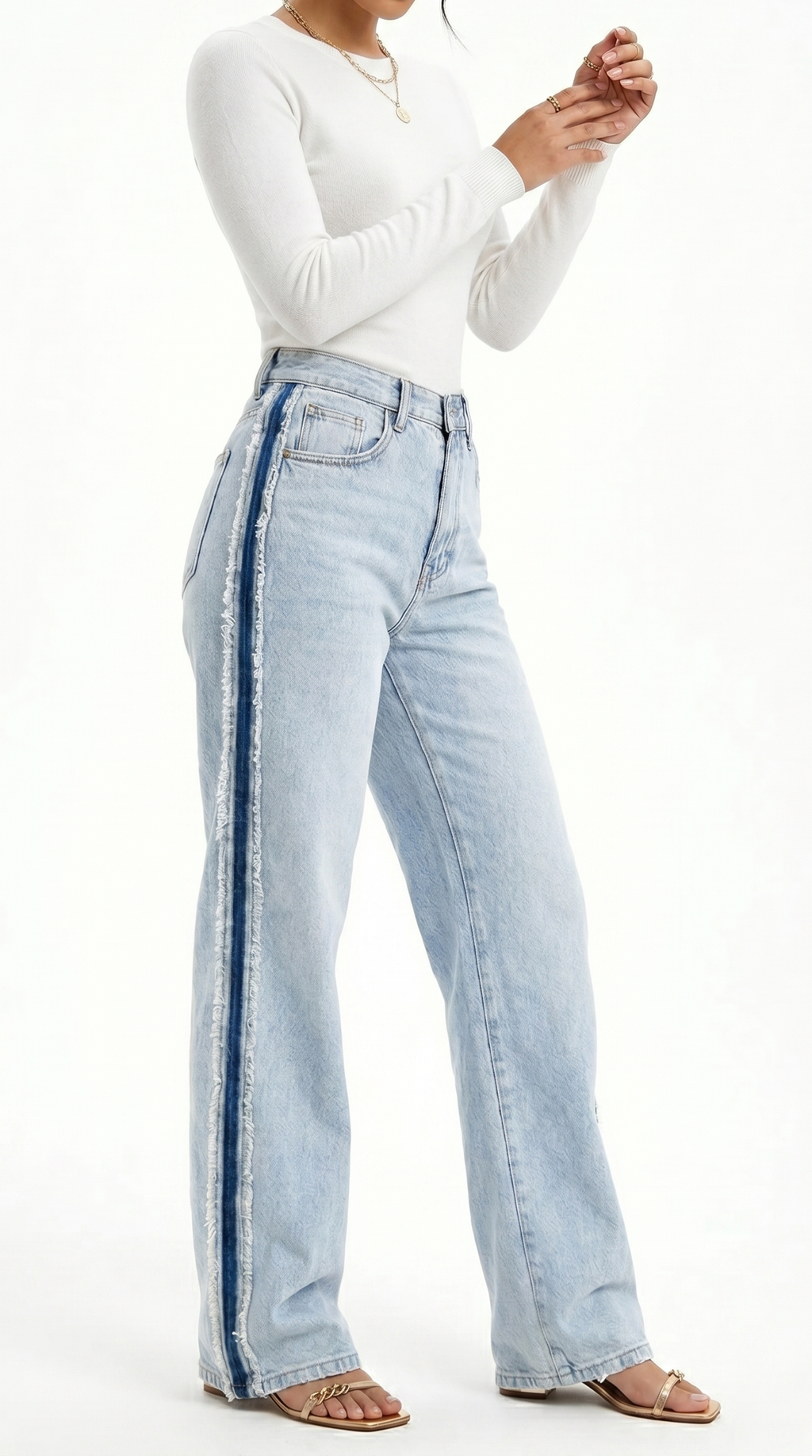 Light blue jeans with a white top on a white background, Straight-leg jeans from Meleche Fashion USA or Meléche (short as (Mé))