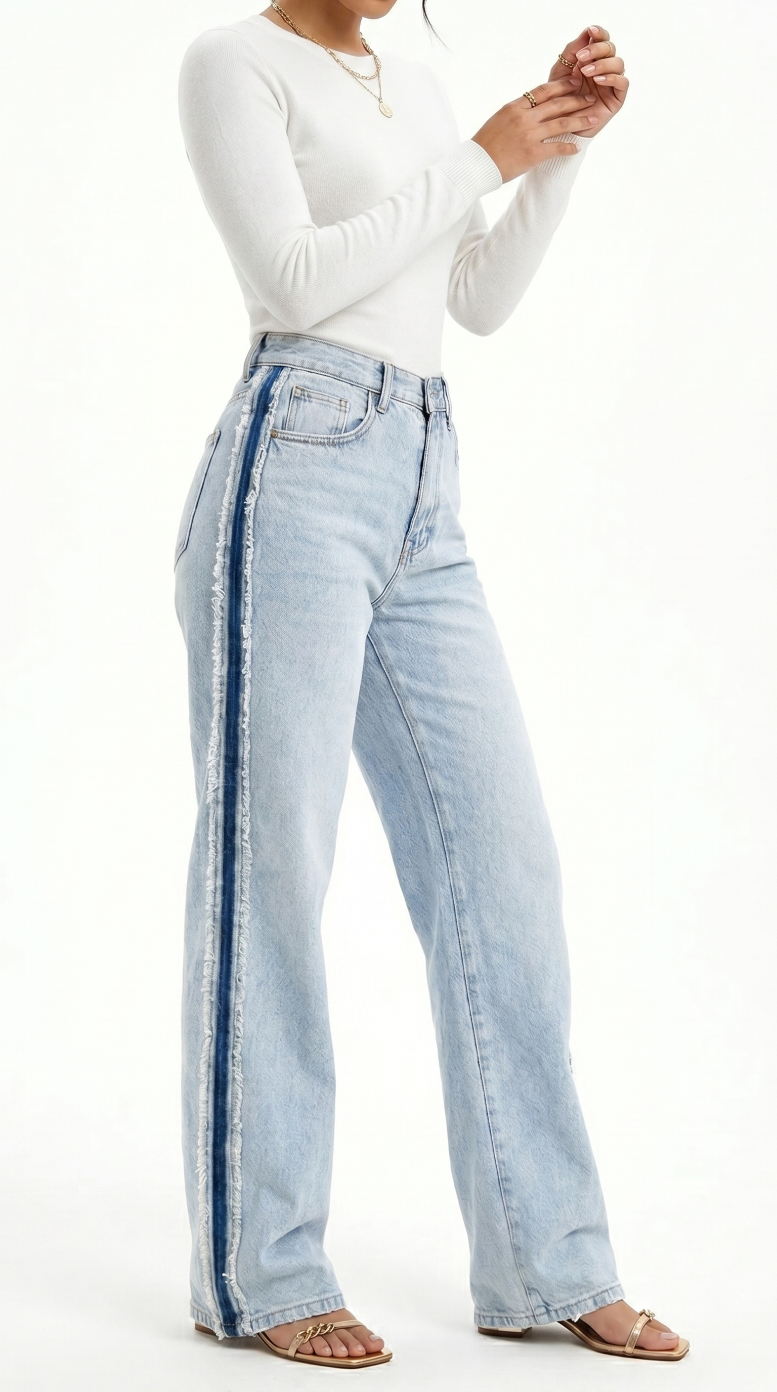 Light blue jeans with a white top on a white background, Straight-leg jeans from Meleche Fashion USA or Meléche (short as (Mé))