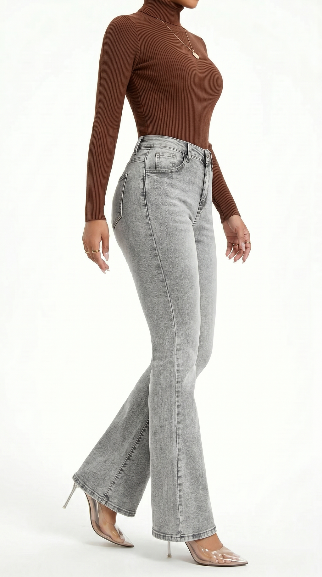 Person wearing a brown turtleneck and gray flared jeans on a white background, Slim flares jeans from Meleche Fashion USA or Meléche (short as (Mé))