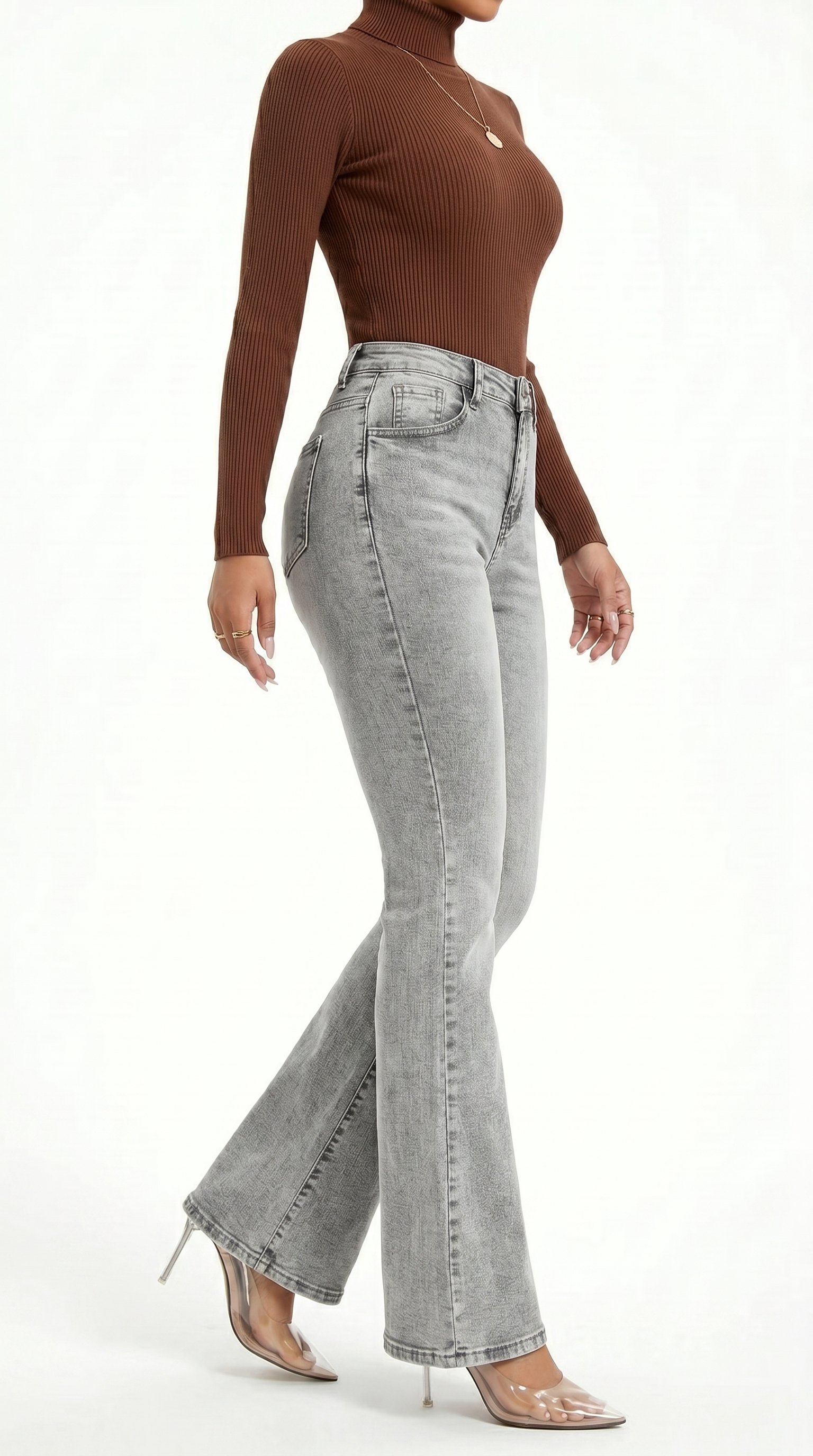 Person wearing a brown turtleneck and gray flared jeans on a white background, Slim flares jeans from Meleche Fashion USA or Meléche (short as (Mé))