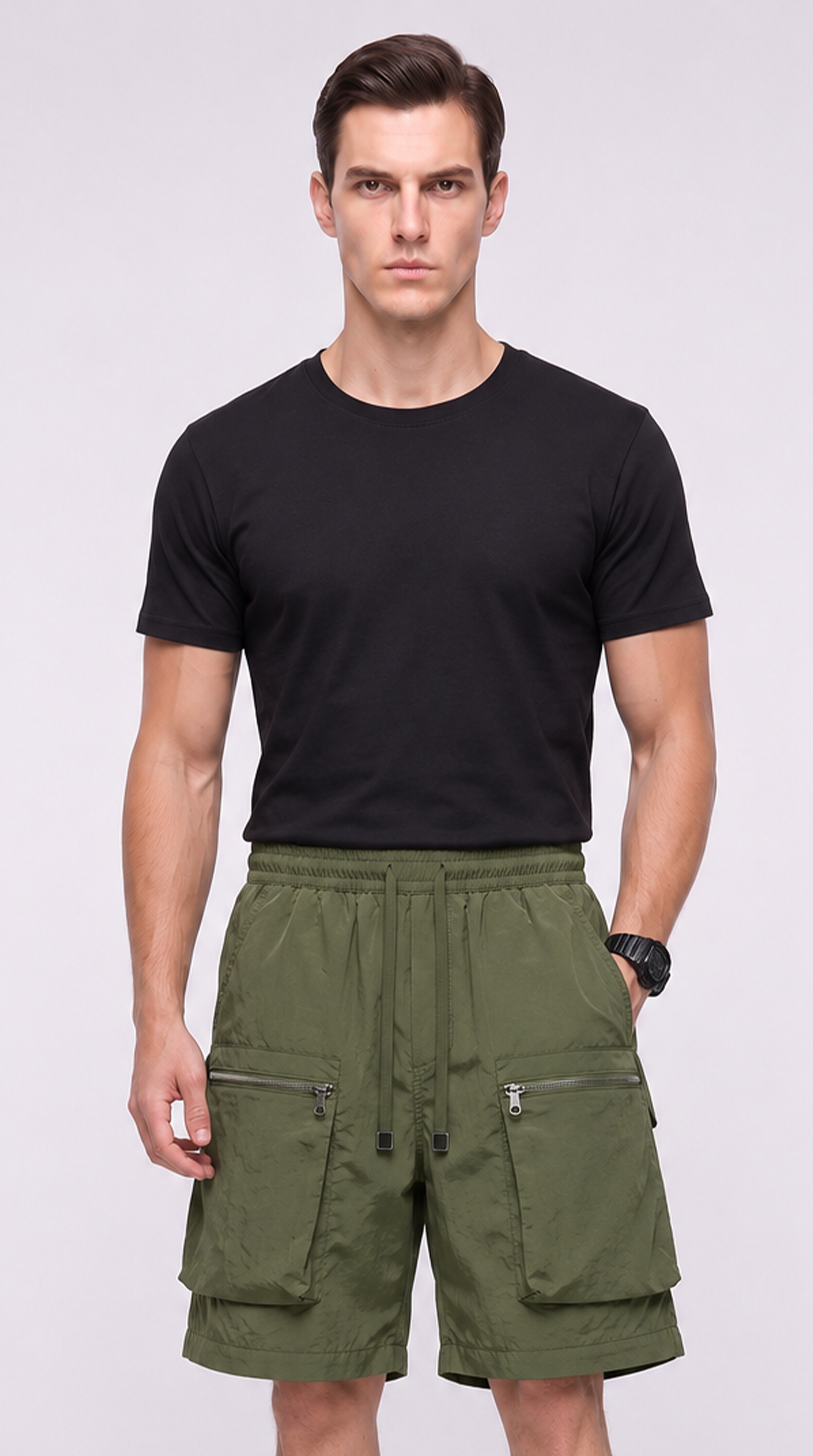 A man modeling olive green cargo shorts with a black t-shirt, standing against a light gray studio background, from Meleche Fashion USA or Meléche (short as (Mé))