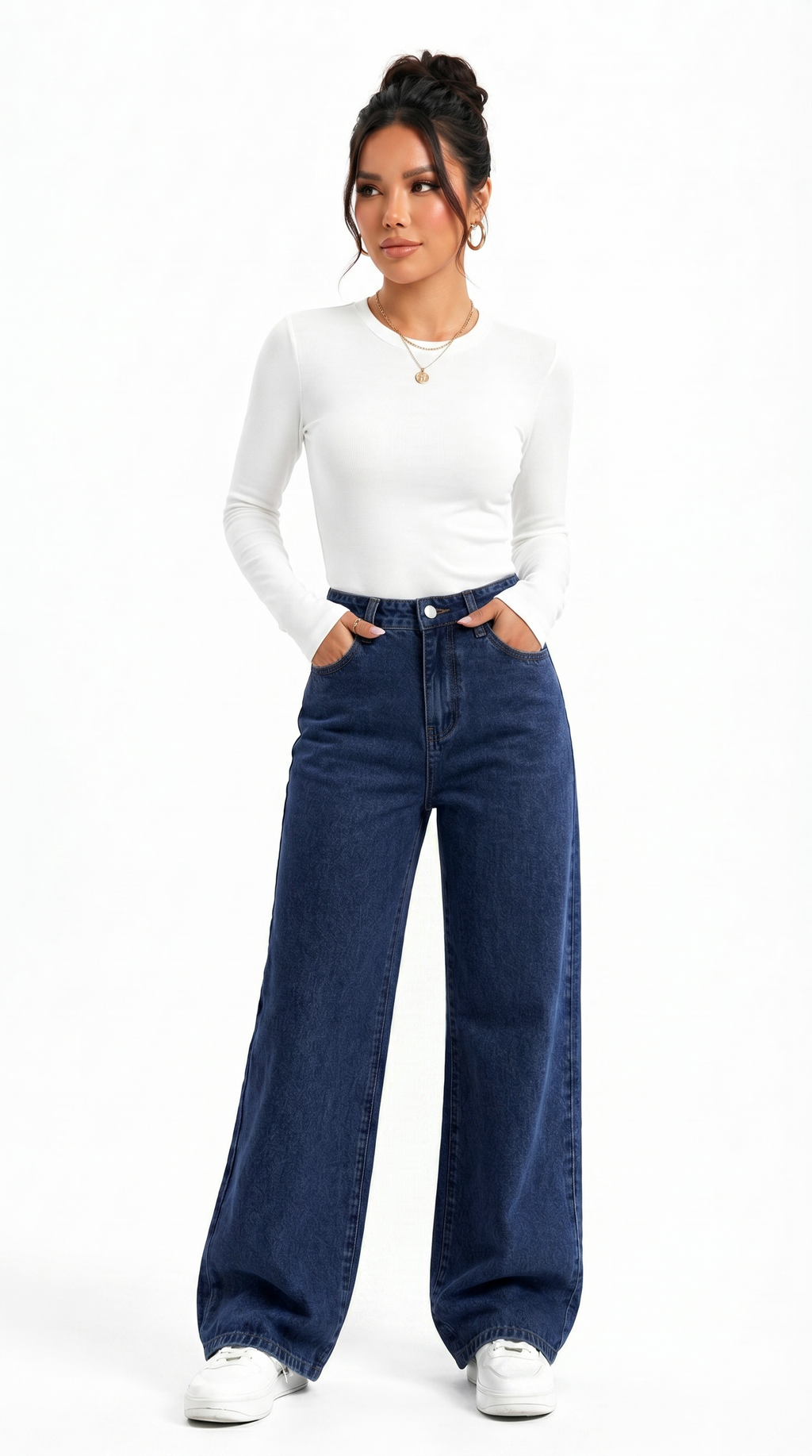 Woman wearing a white long-sleeve top and blue jeans on a white background, Cotton jeans from Meleche Fashion USA or Meléche (short as (Mé))