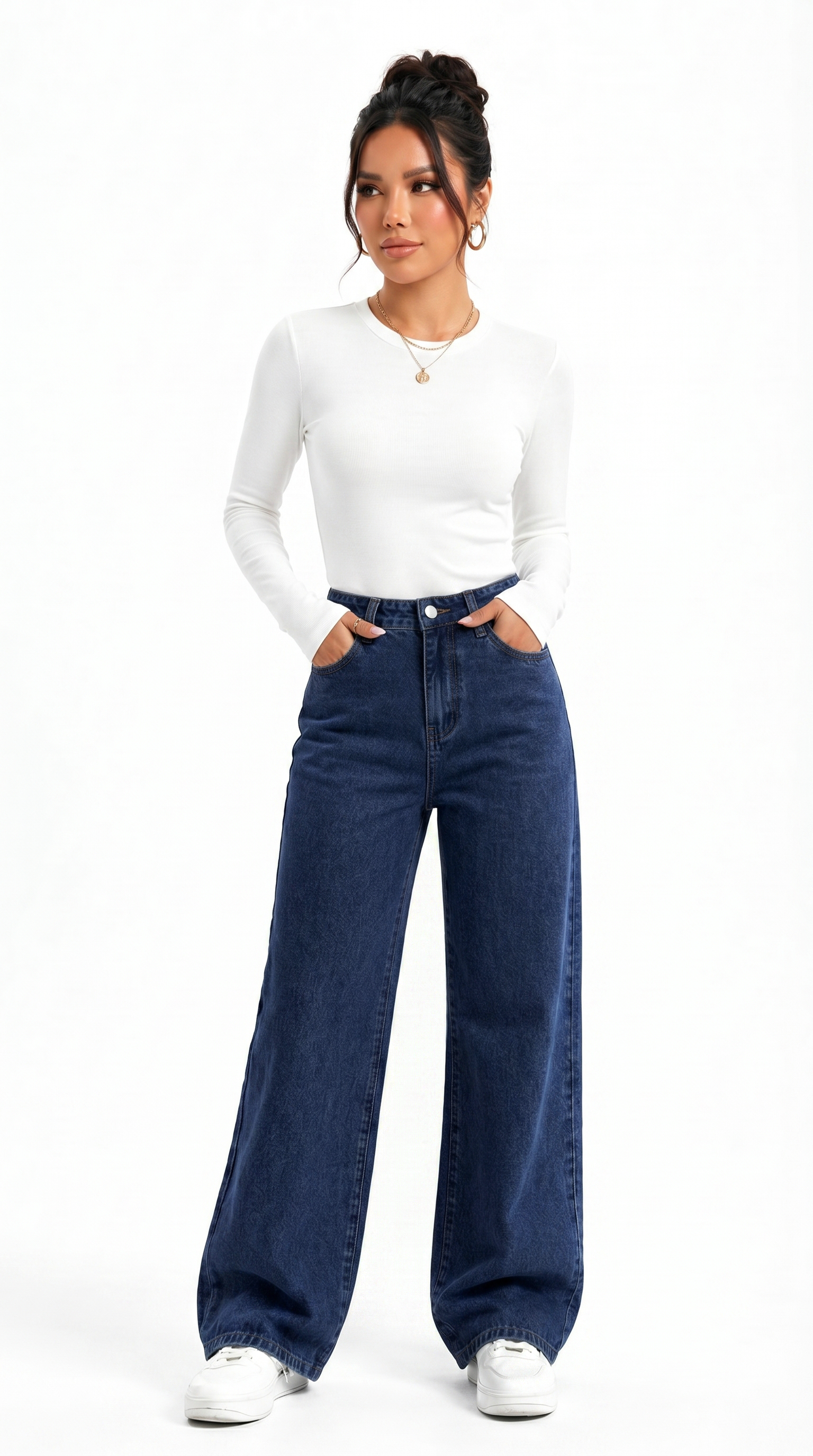Woman wearing a white long-sleeve top and blue jeans on a white background, Cotton jeans from Meleche Fashion USA or Meléche (short as (Mé))