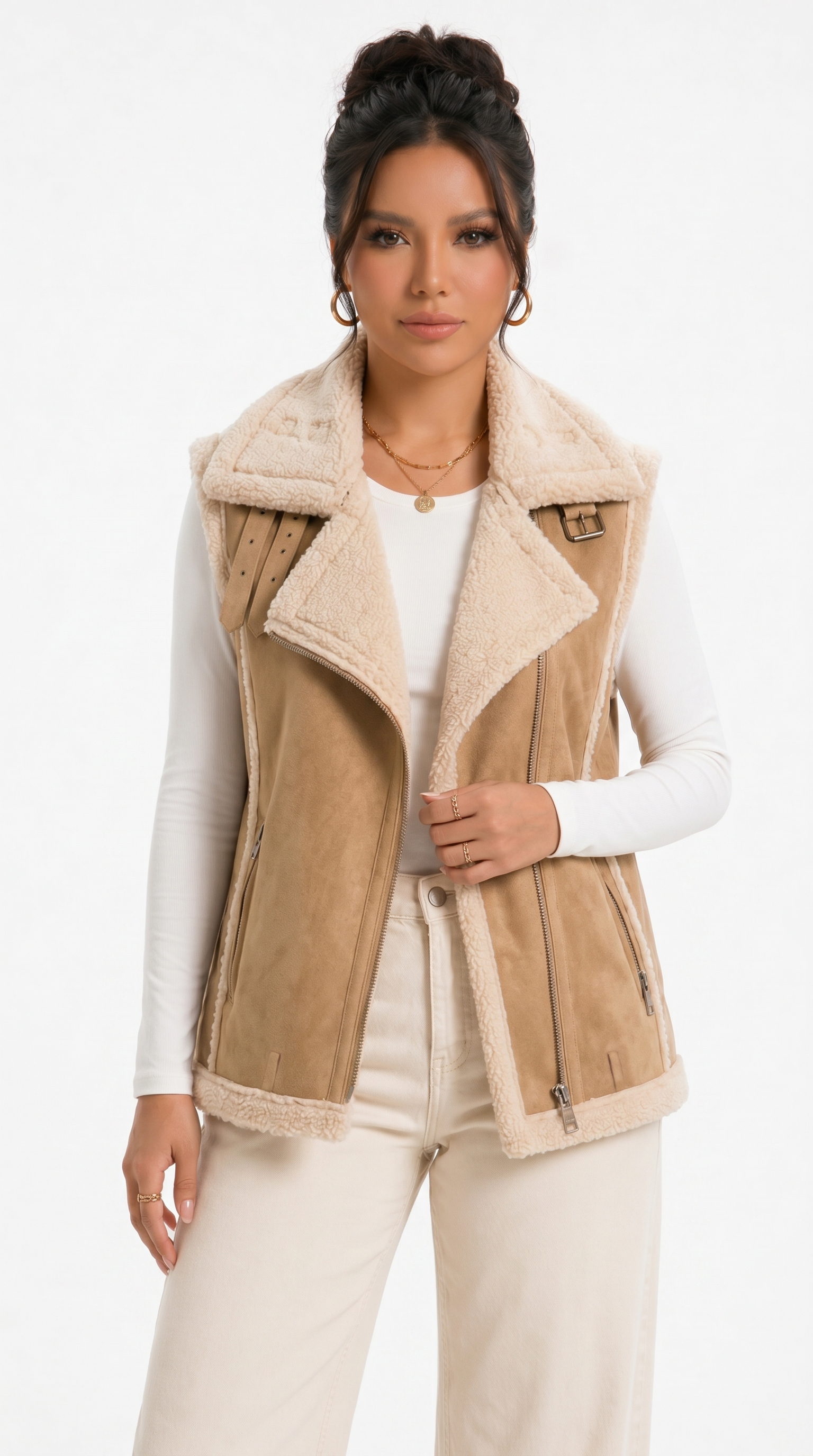 Woman wearing a beige vest over a white shirt on a white background from Meleche Fashion USA or Meléche (short as (Mé))