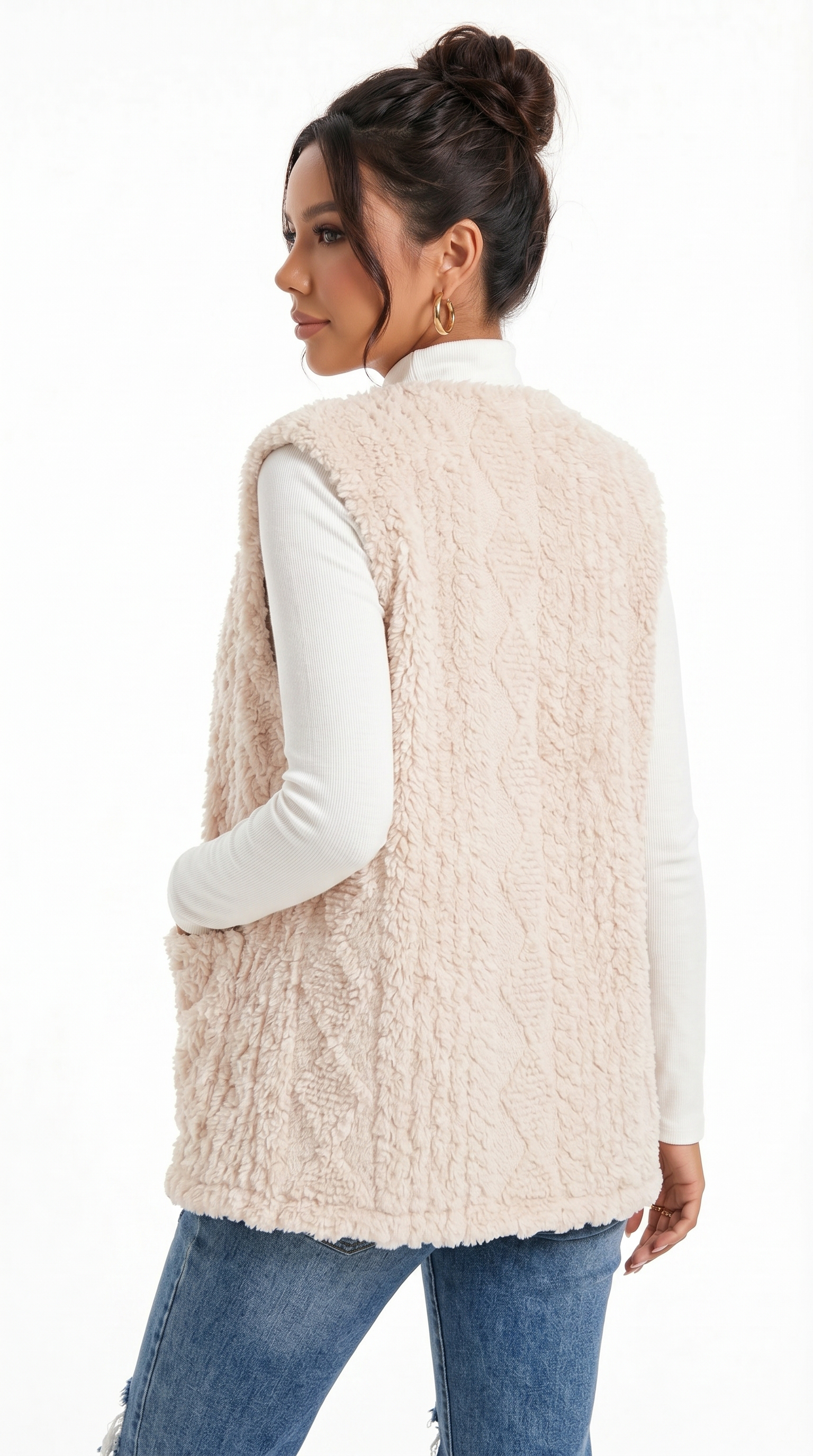 Woman wearing a beige quilted vest over a white shirt on a white background from Meleche Fashion USA or Meléche (short as (Mé))