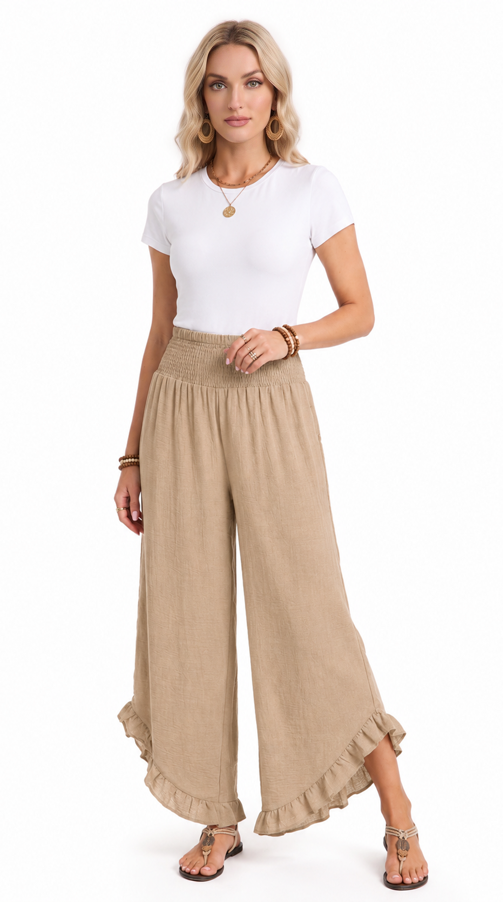 Woman wearing a white top and beige wide-leg pants on a white background, from Meleche Fashion USA or Meléche (short as (Mé))