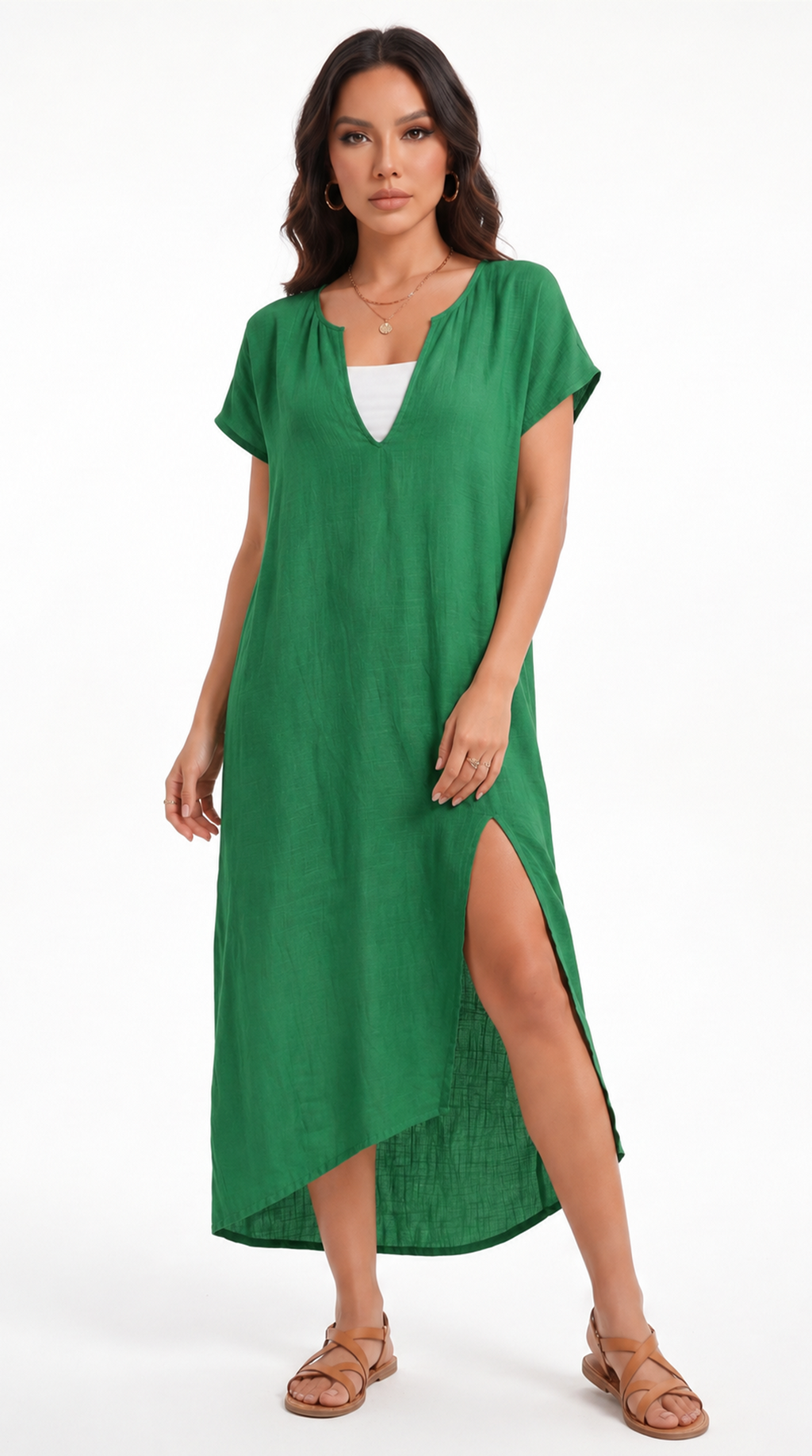 Woman wearing a green dress with a white background